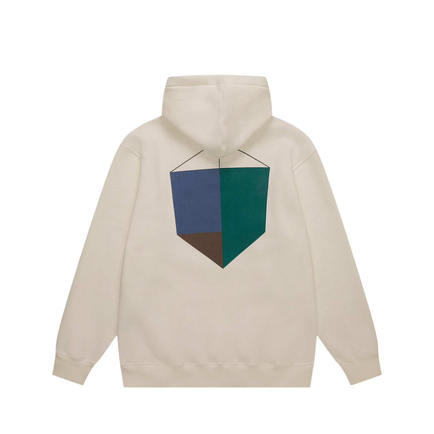 Moletom com capuz off-white e bolso canguru, estampa geométrica frontal em cores azul e verde.