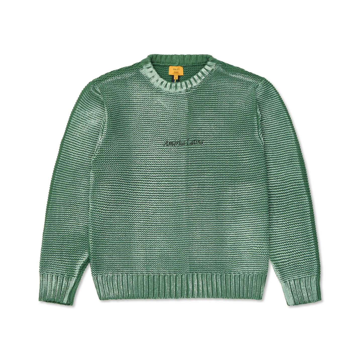 Suéter jacquard verde de gola careca, mangas longas e punhos canelados