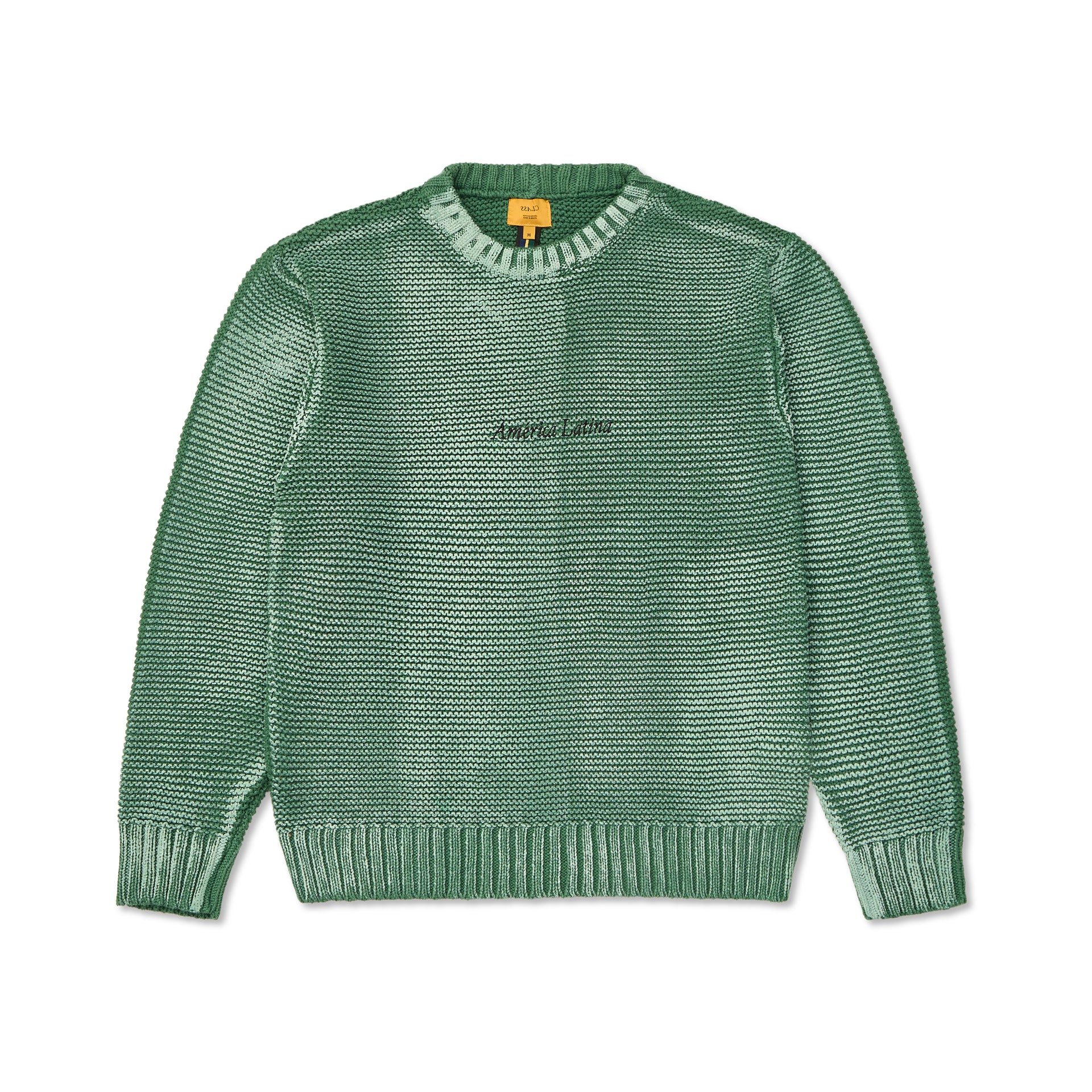 Suéter jacquard verde de gola careca, mangas longas e punhos canelados