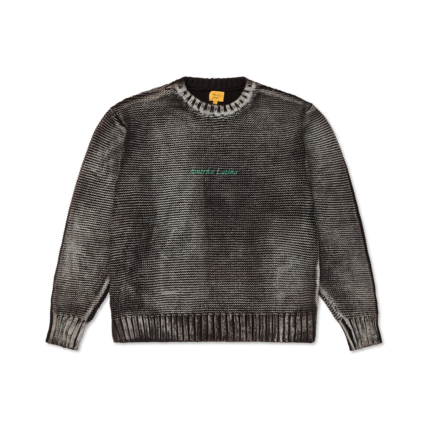 Suéter de tricô jacquard preto, gola careca e barra canelada nas mangas