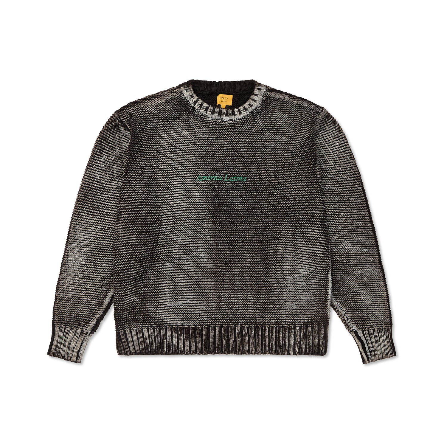 Suéter de tricô jacquard preto, gola careca e barra canelada nas mangas