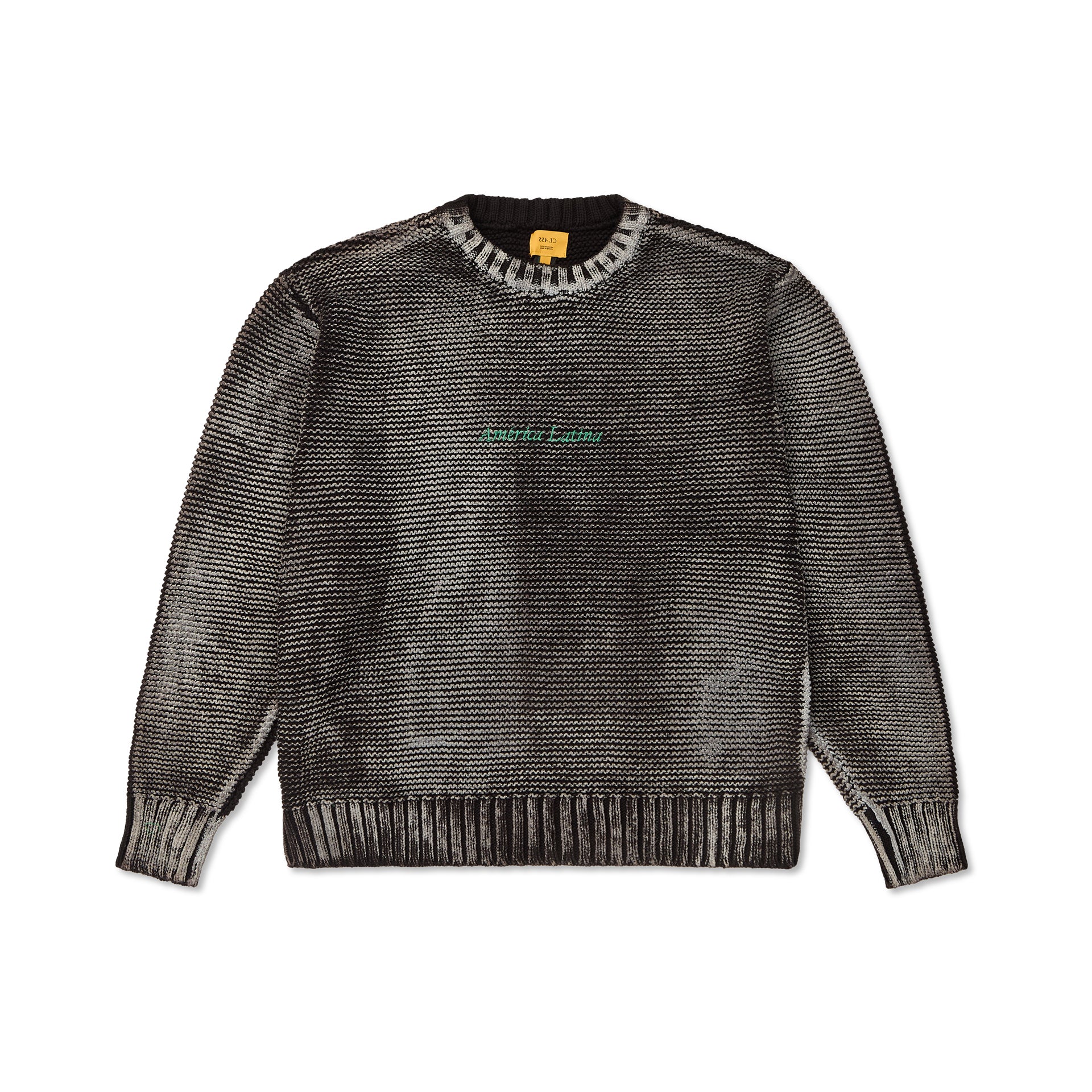 Suéter de tricô jacquard preto, gola careca e barra canelada nas mangas