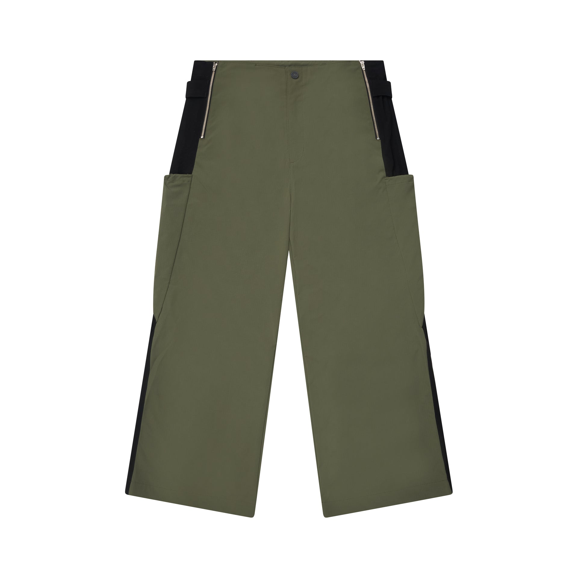 Calça cargo verde-oliva e preta, bolsos frontais e faixa lateral com botões