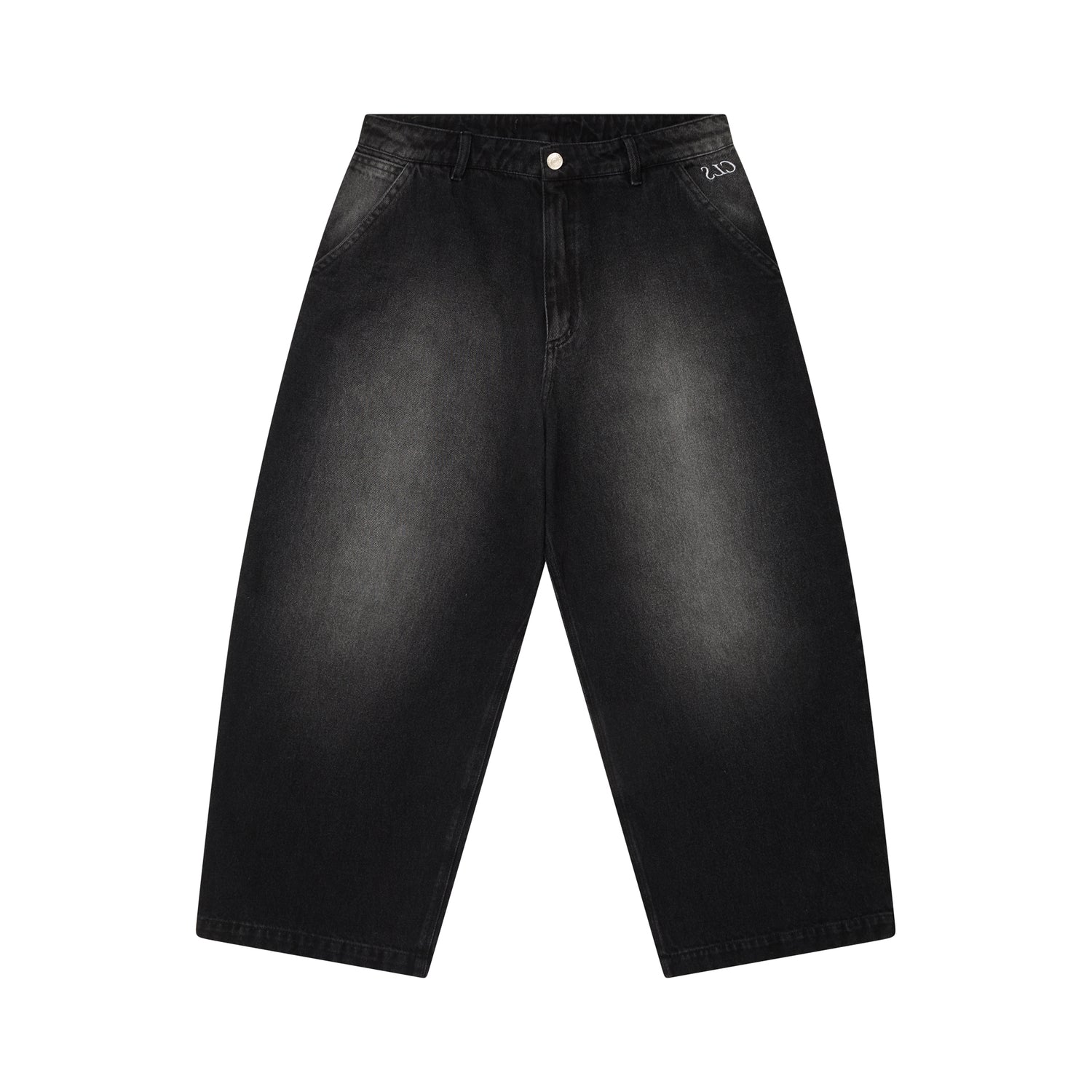 Calça jeans baggy preta com caimento amplo e costura central no cós.