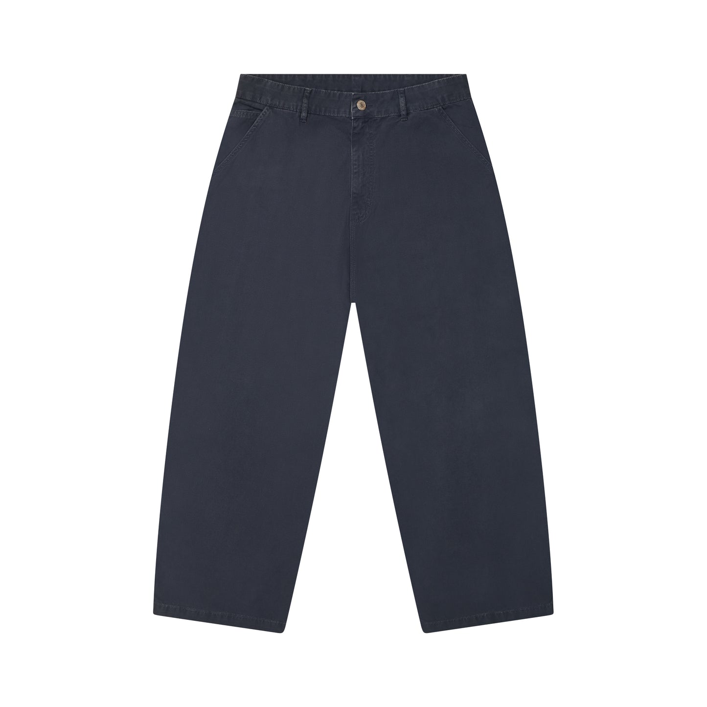 Calça cargo azul escuro com passantes, botão e fechamento frontal