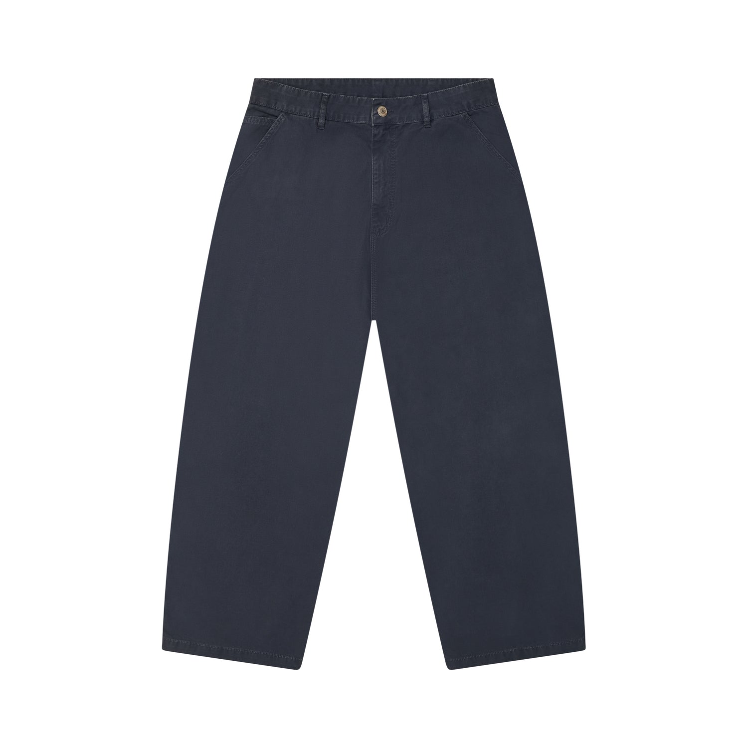Calça cargo azul escuro com passantes, botão e fechamento frontal