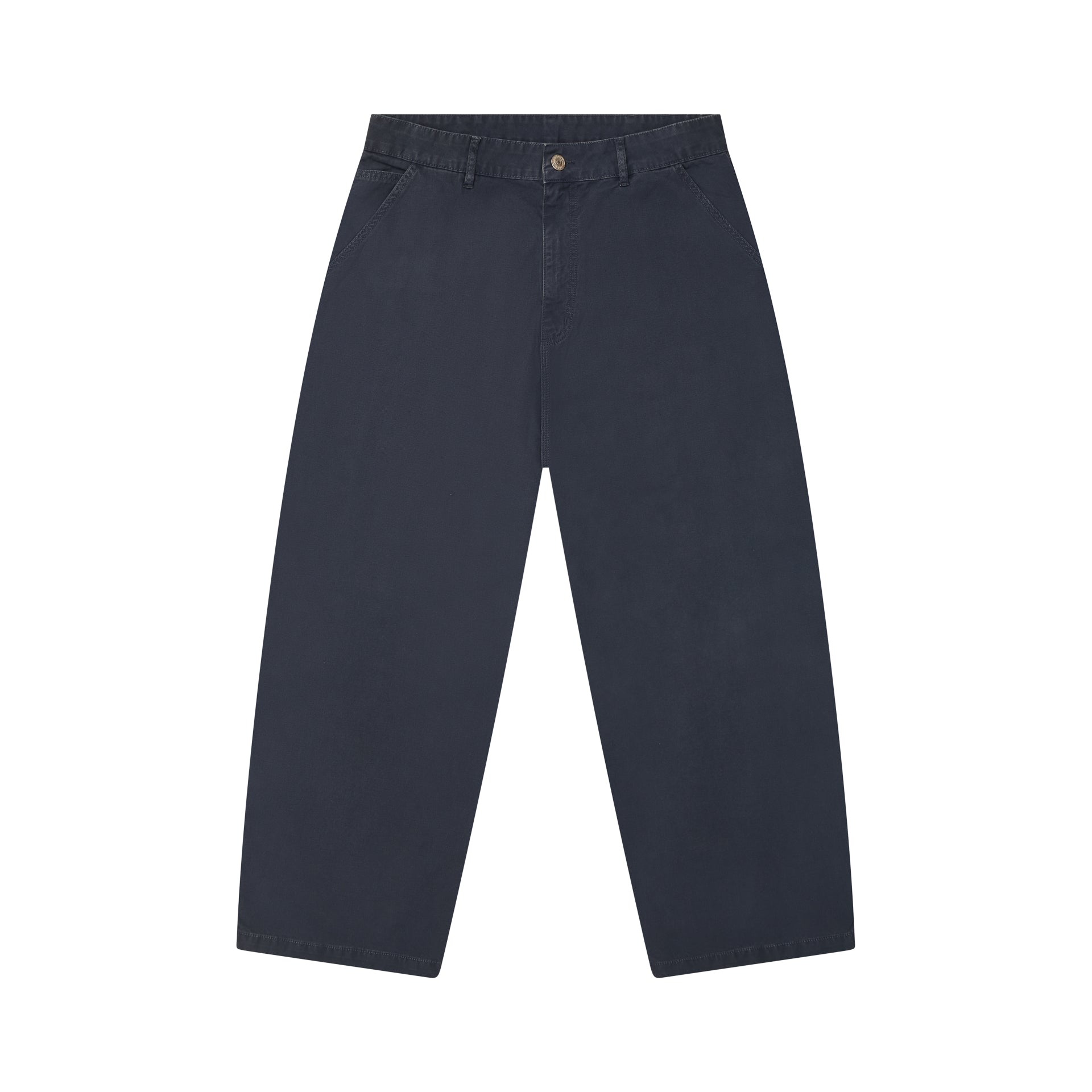 Calça cargo azul escuro com passantes, botão e fechamento frontal