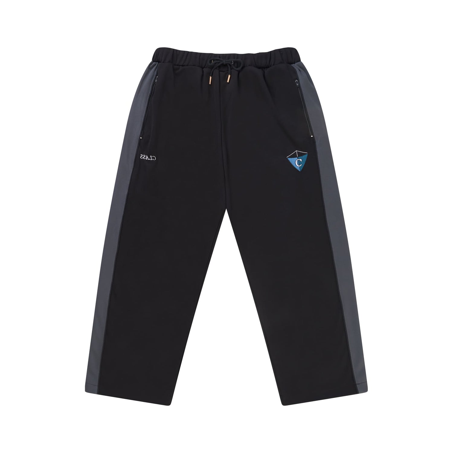 Calça track preta com faixa lateral cinza, cós elástico e cordão ajustável.