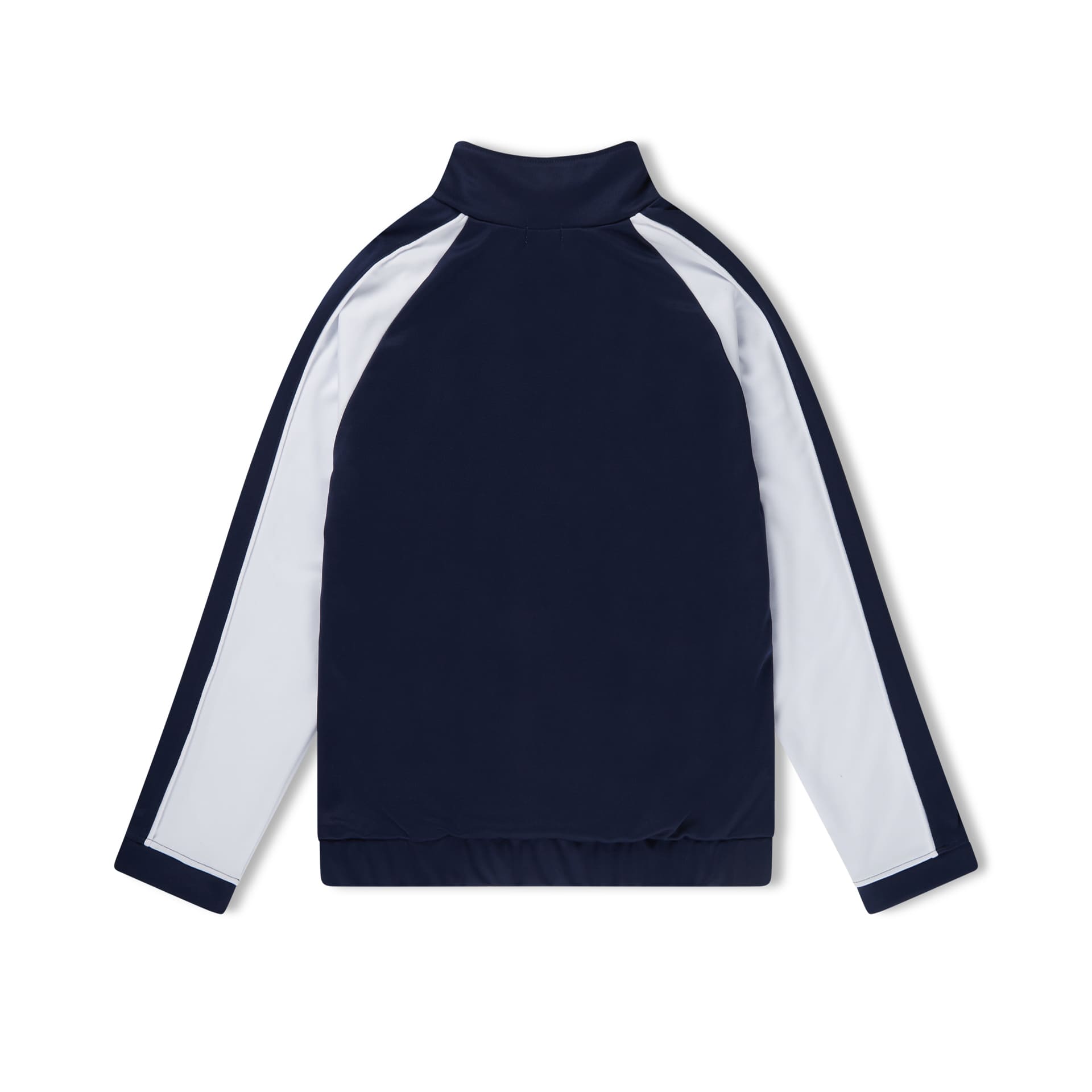 Jaqueta esportiva navy com gola alta e faixas brancas nas mangas