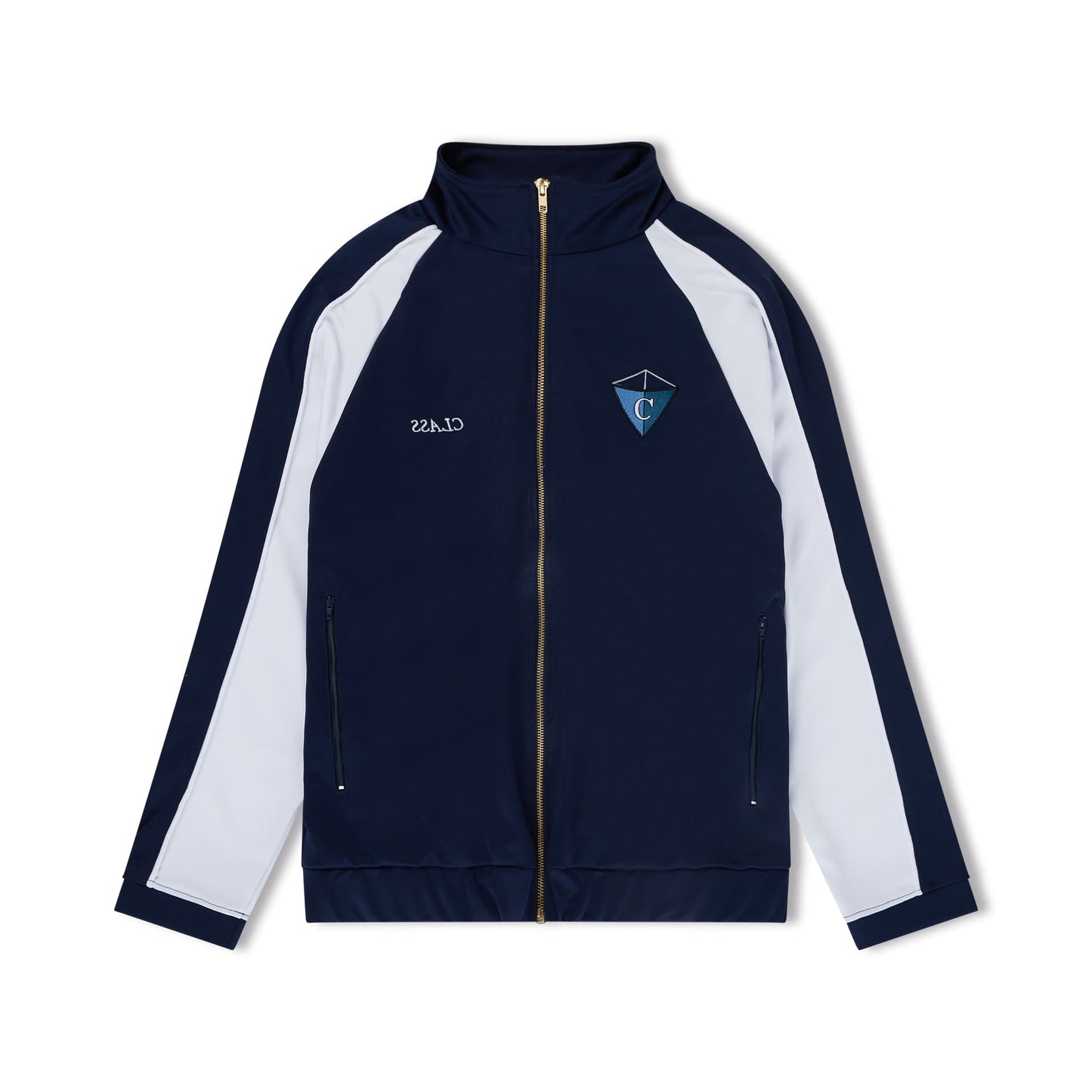 Jaqueta esportiva navy com faixas brancas e zíper frontal central