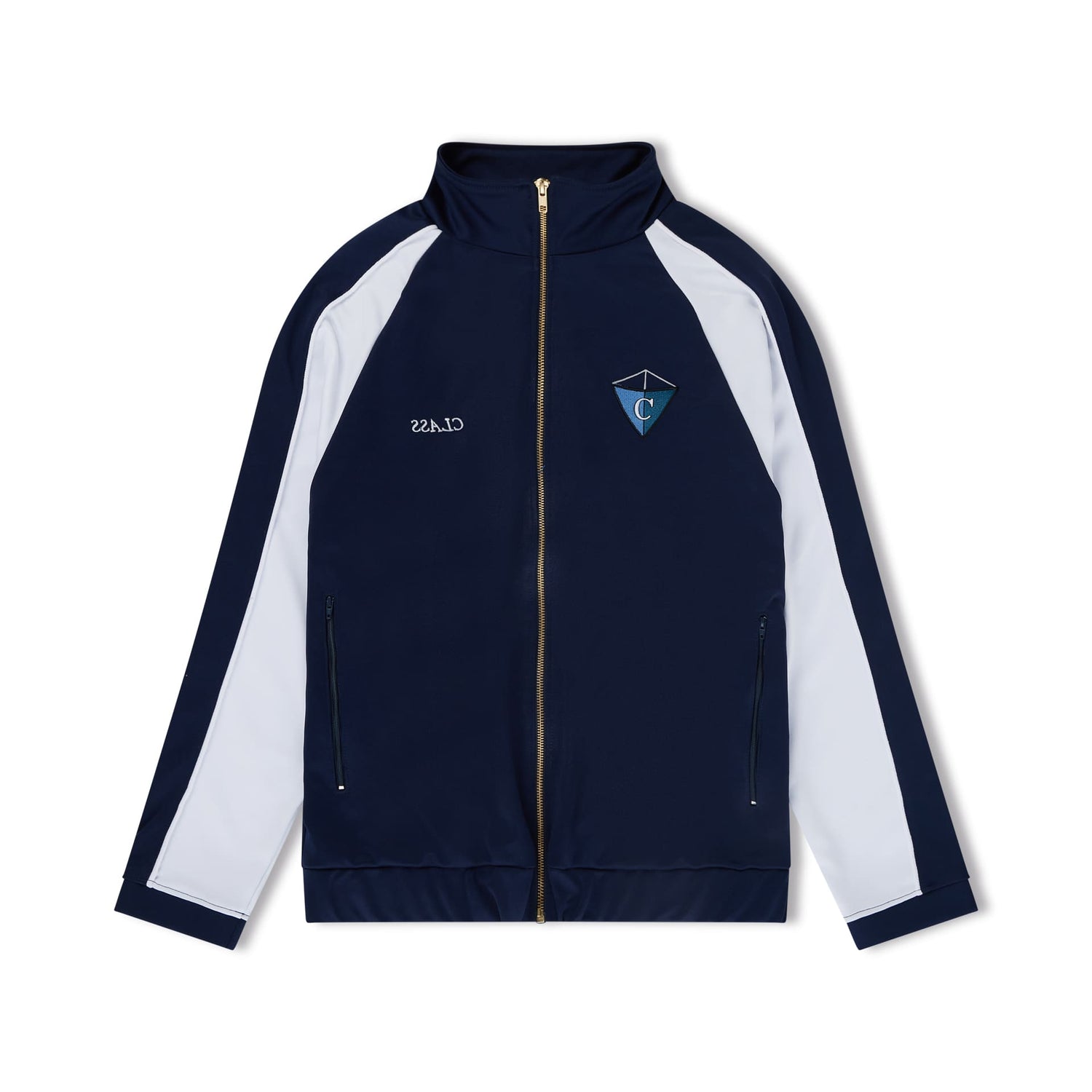 Jaqueta esportiva navy com faixas brancas e zíper frontal central