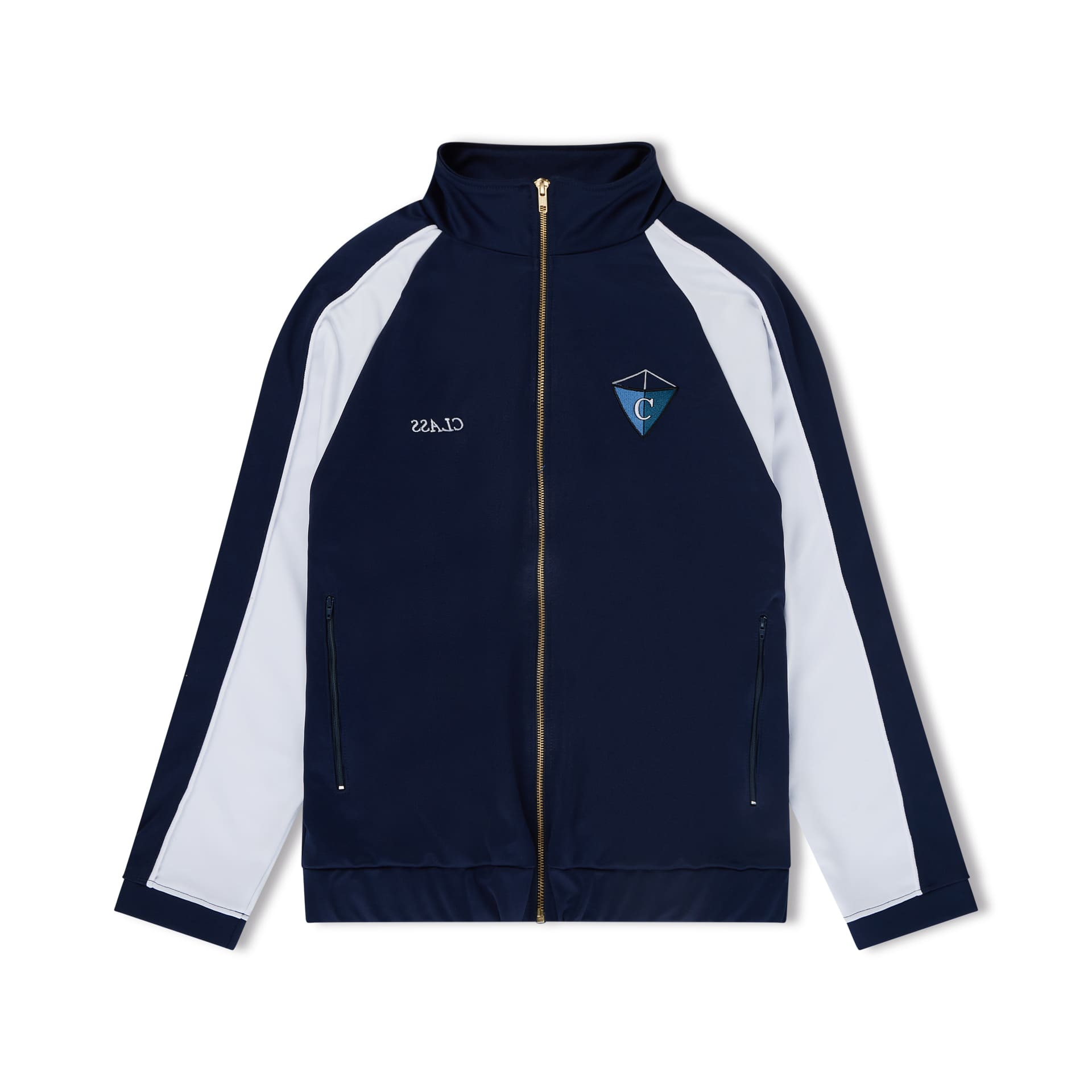 Jaqueta esportiva navy com faixas brancas e zíper frontal central