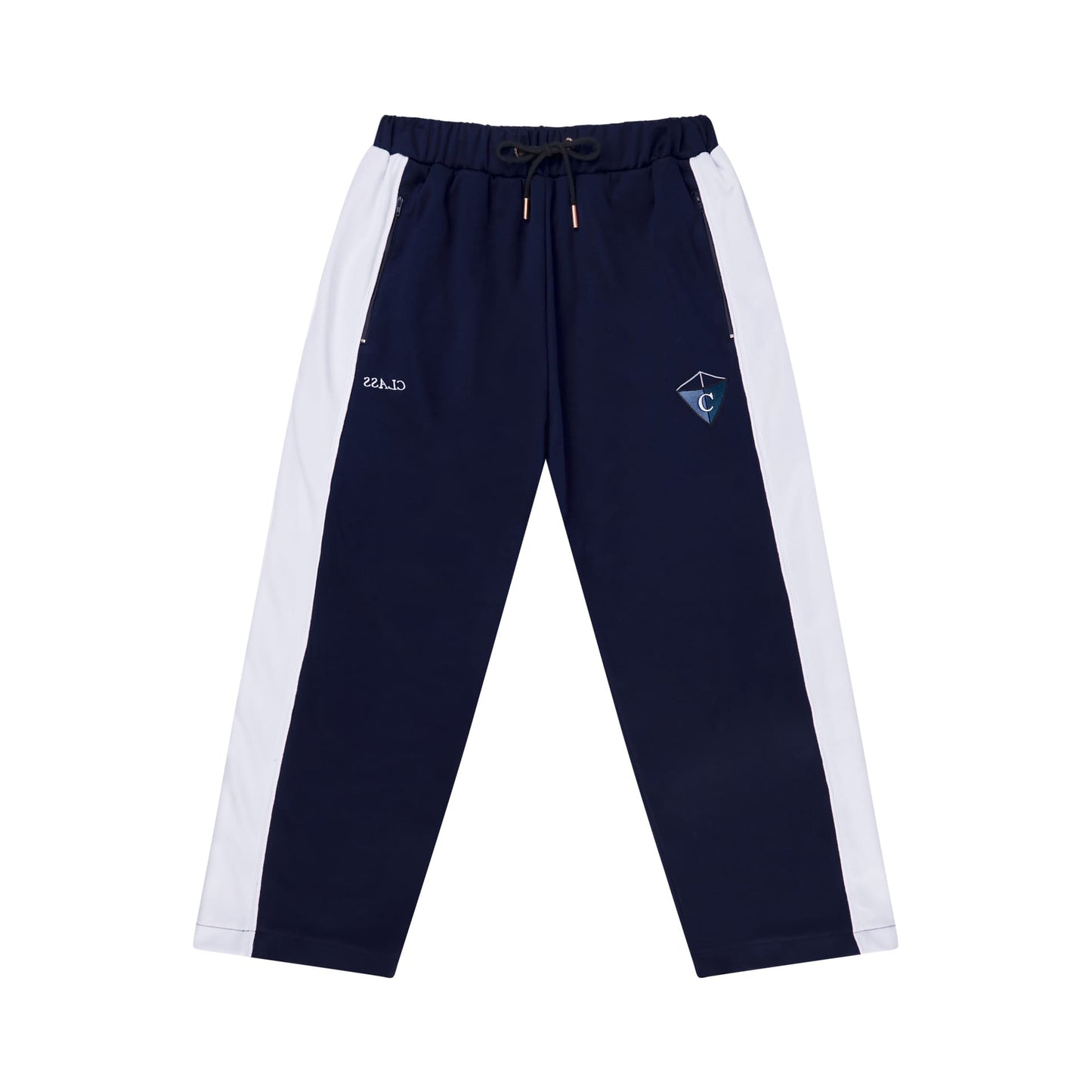 Calça track azul-marinho com faixa lateral branca e cós elástico com cordão