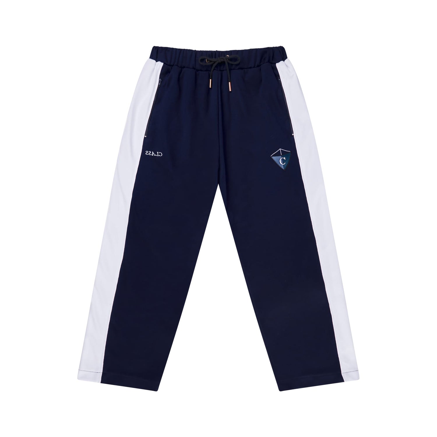 Calça track azul-marinho com faixa lateral branca e cós elástico com cordão