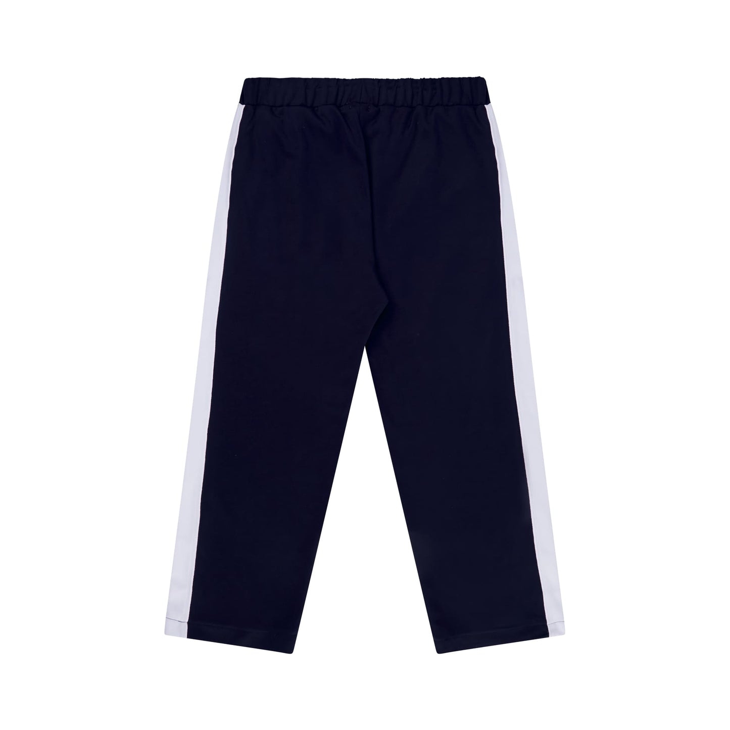 Calça track azul-marinho com faixa lateral branca e cós elástico