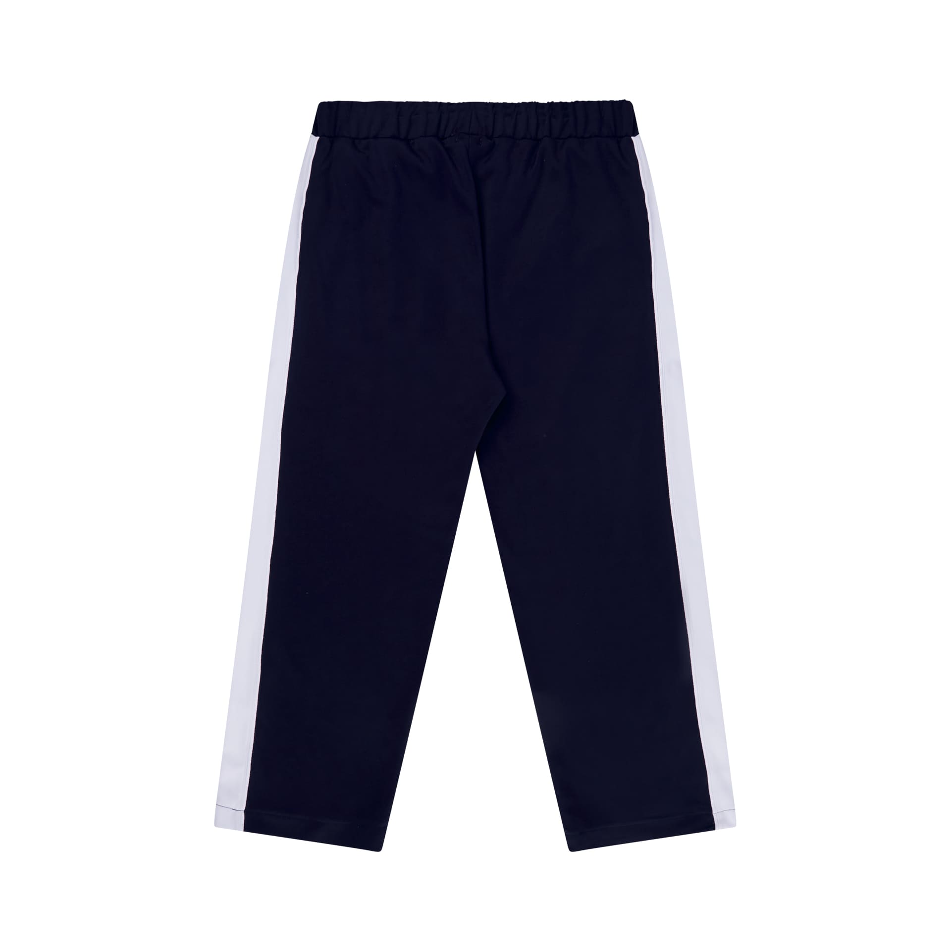 Calça track azul-marinho com faixa lateral branca e cós elástico