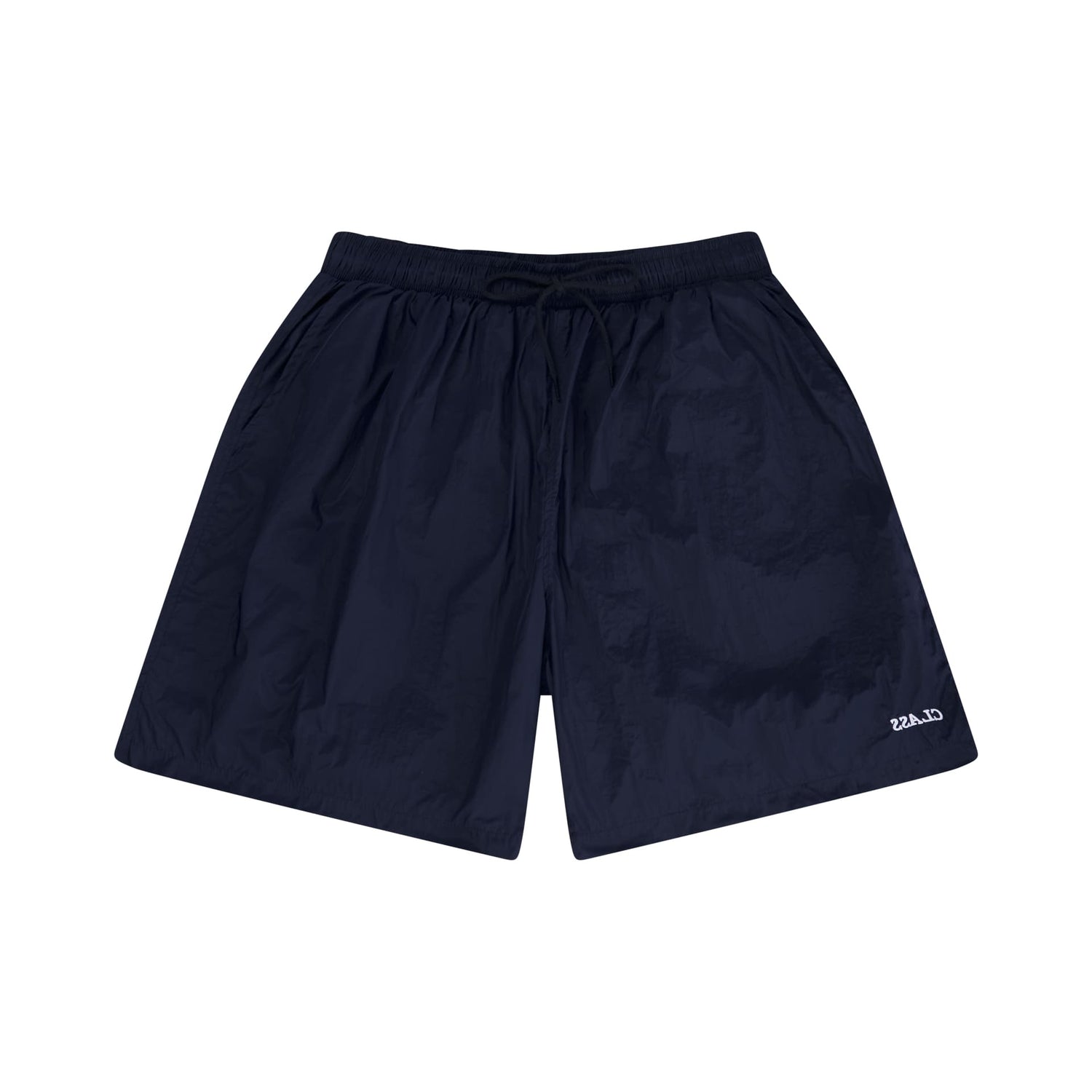 Shorts azul-marinho com cós elástico e cordão, com bolsos laterais