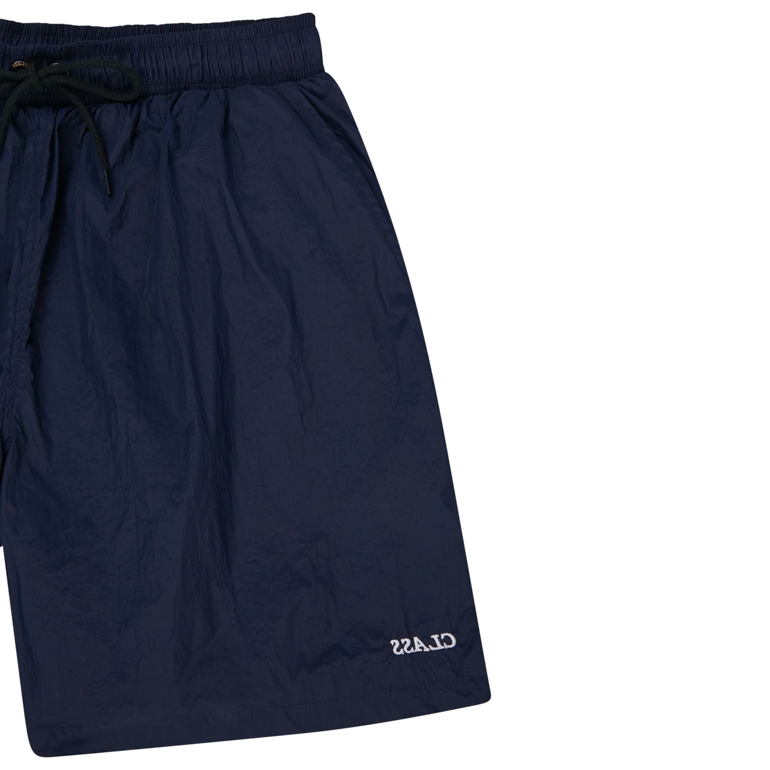 Shorts azul-marinho com cós elástico e cordão, detalhe de logo na barra