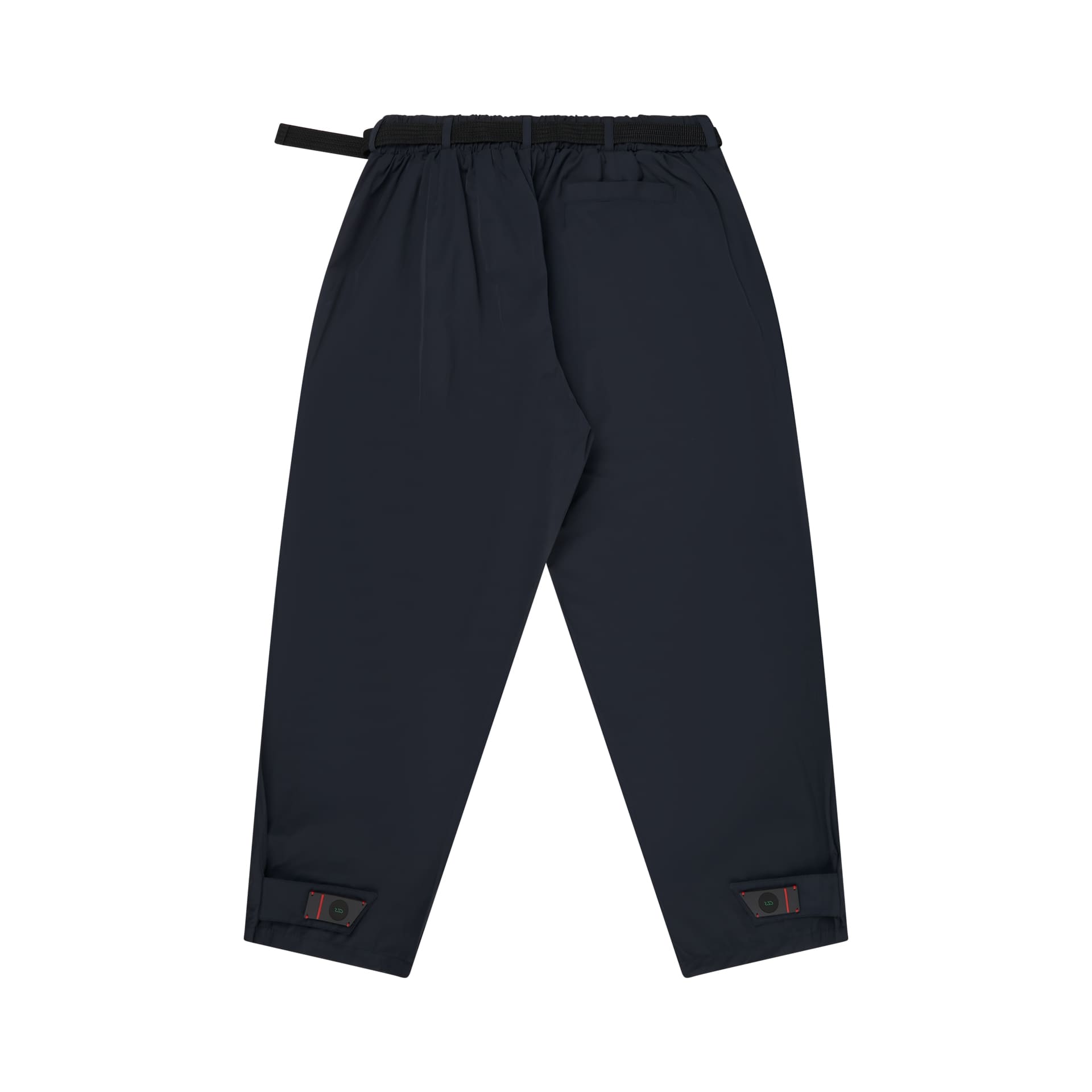 Calça de nylon marinho com cós elástico e cadarço, vista frontal.