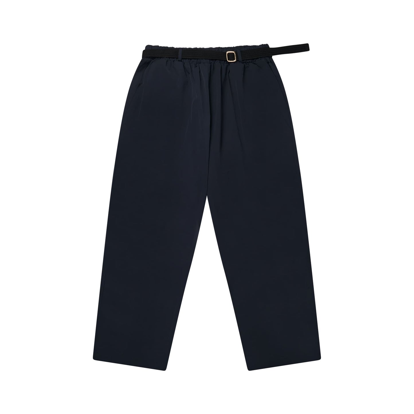Calça de nylon marinho com cós elástico, cadarço na cintura e bolsos laterais.