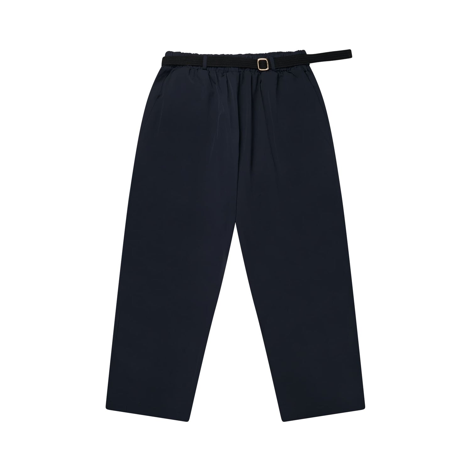 Calça de nylon marinho com cós elástico, cadarço na cintura e bolsos laterais.