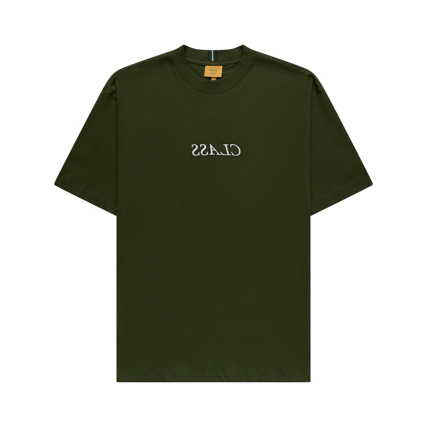 Camiseta verde escura com estampa invertida no peito e gola careca.