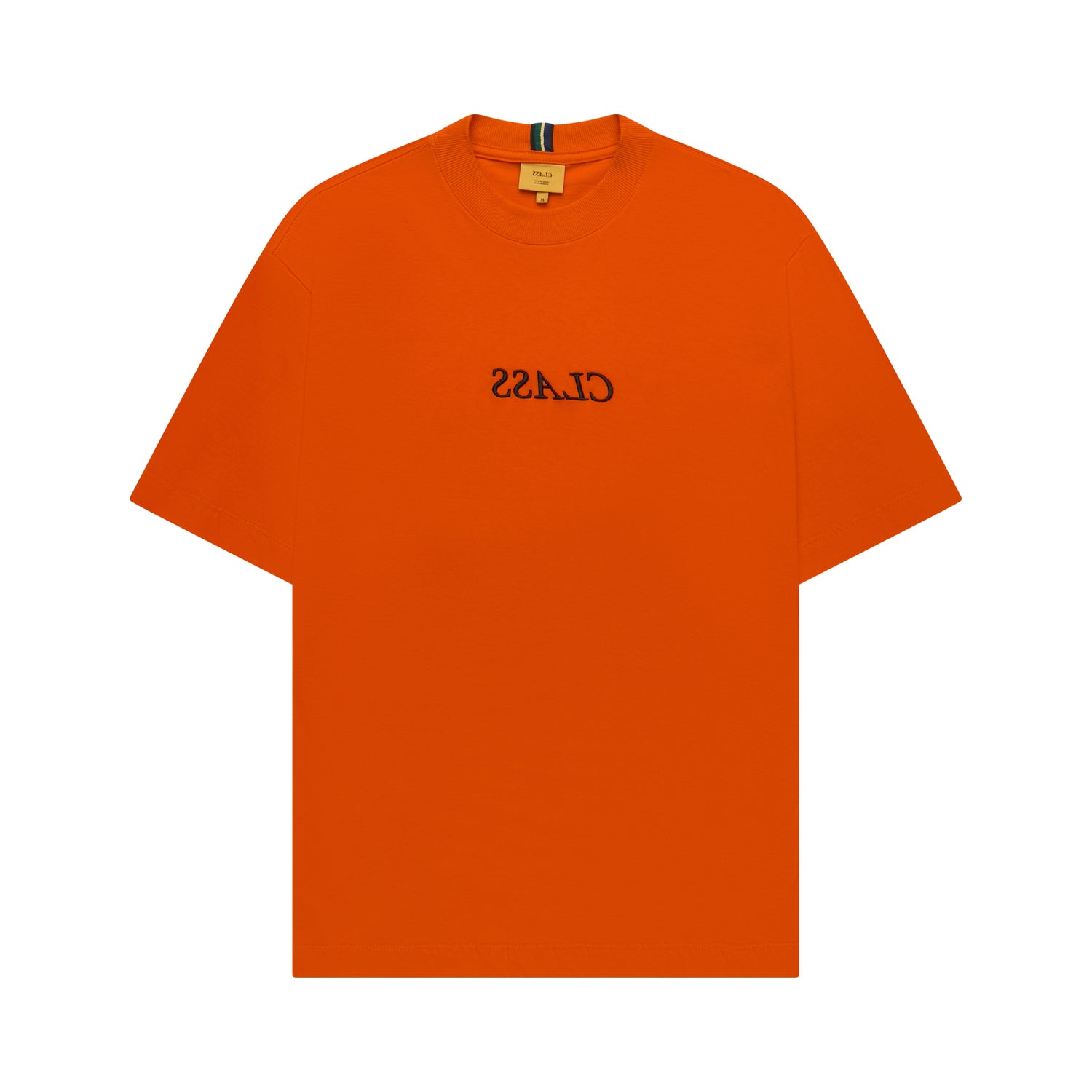 Camiseta laranja com estampa preta centralizada e gola redonda canelada