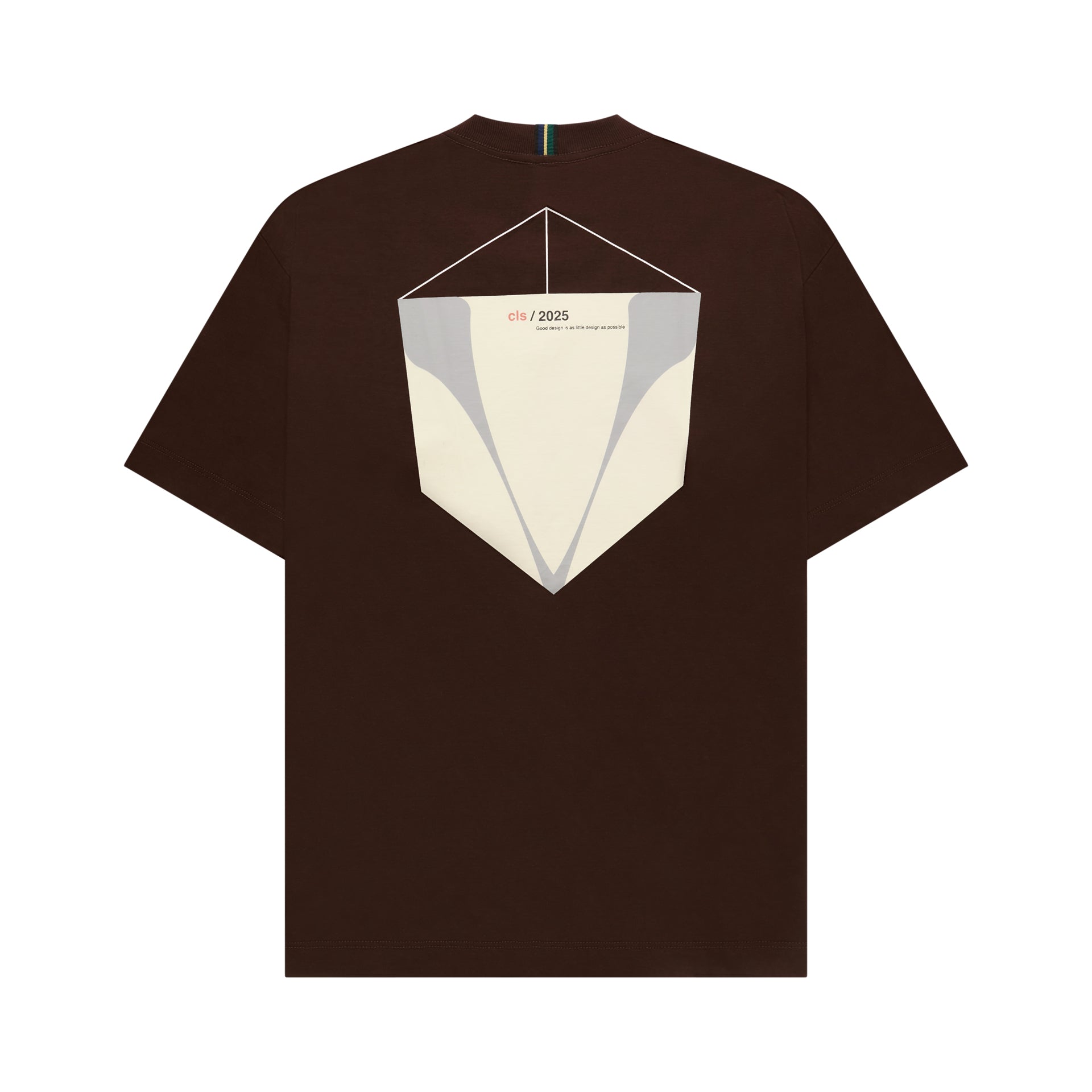 Camiseta marrom com estampa geométrica branca nas costas