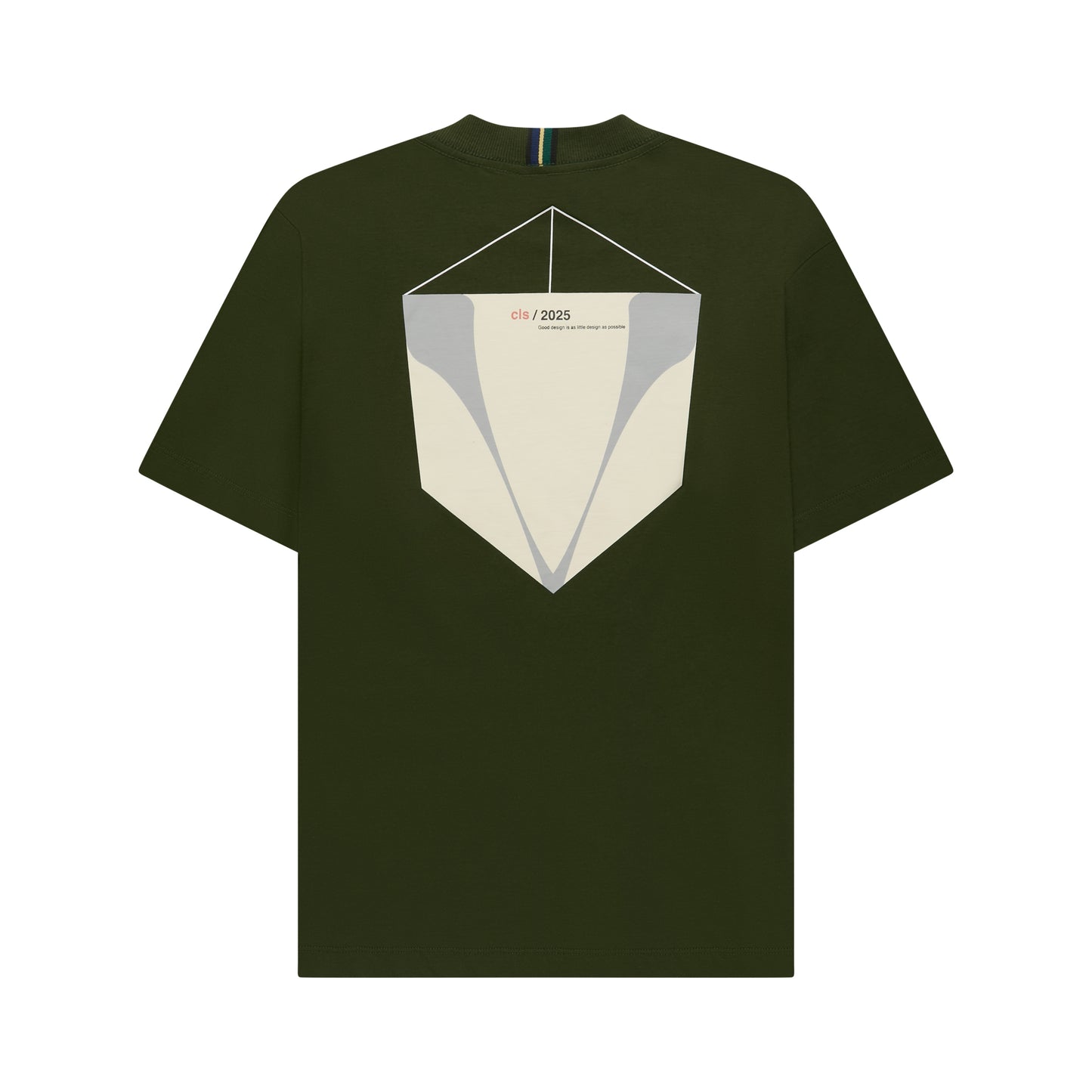 Camiseta verde escura com estampa geométrica grande frontal branca e cinza