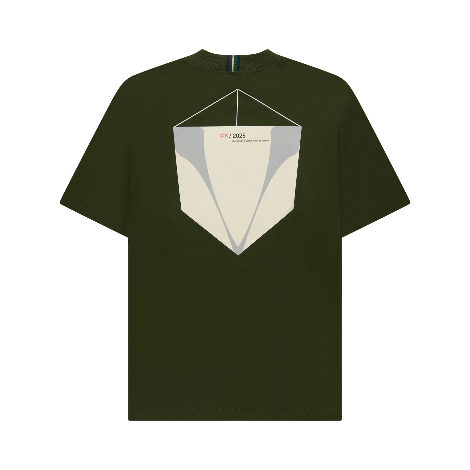 Camiseta verde escura com estampa geométrica grande frontal branca e cinza