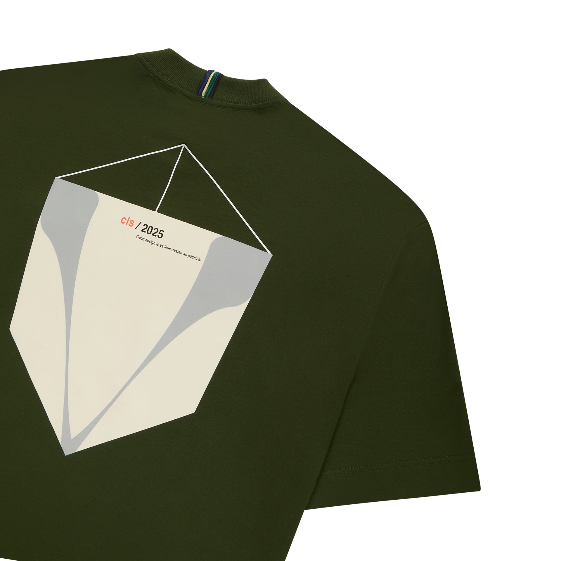 Camiseta verde escura com estampa geométrica grande nas costas, parte superior
