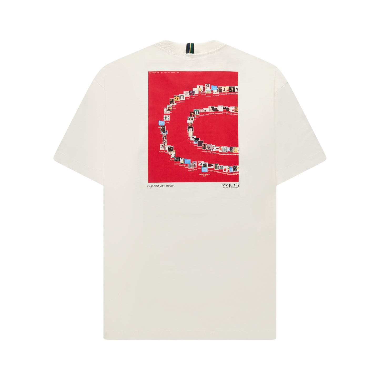 Camiseta off-white com estampa vermelha em formato de letra G nas costas