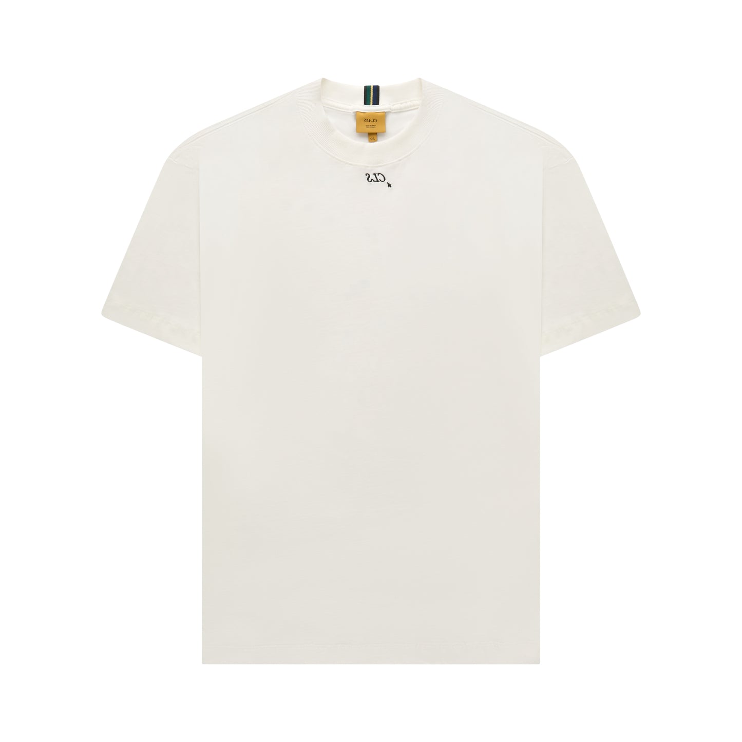 Camiseta off-white lisa, com gola e acabamento listrado