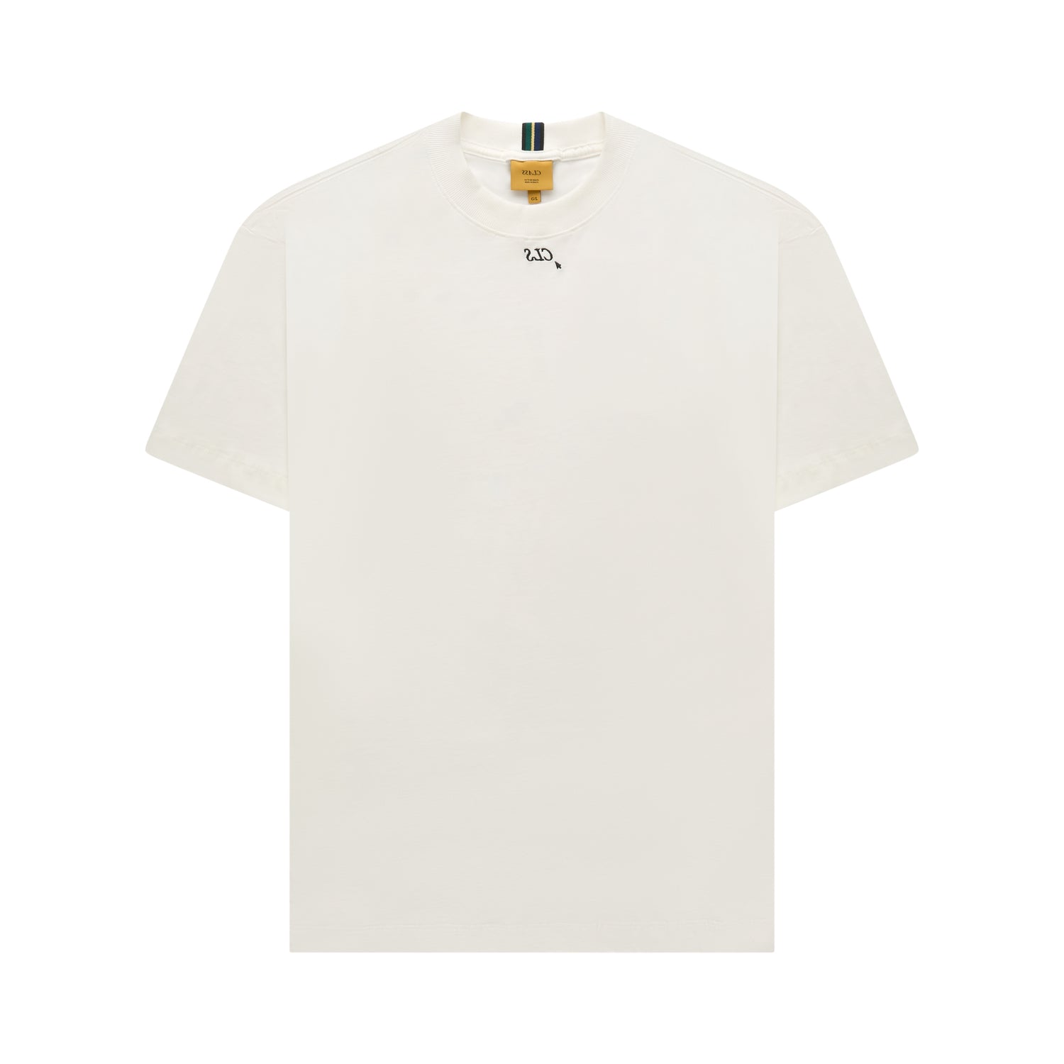 Camiseta off-white lisa, com gola e acabamento listrado