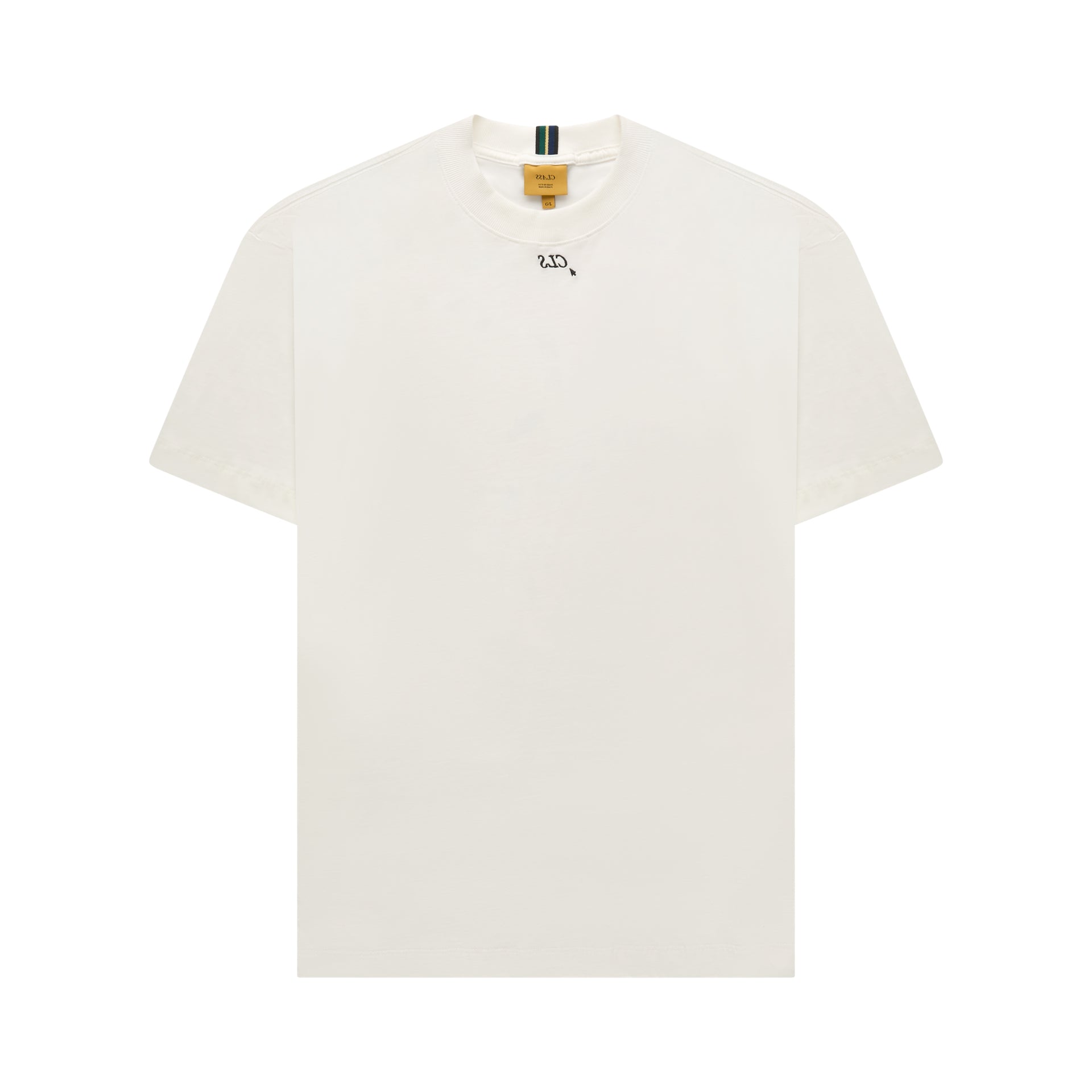 Camiseta off-white lisa, com gola e acabamento listrado
