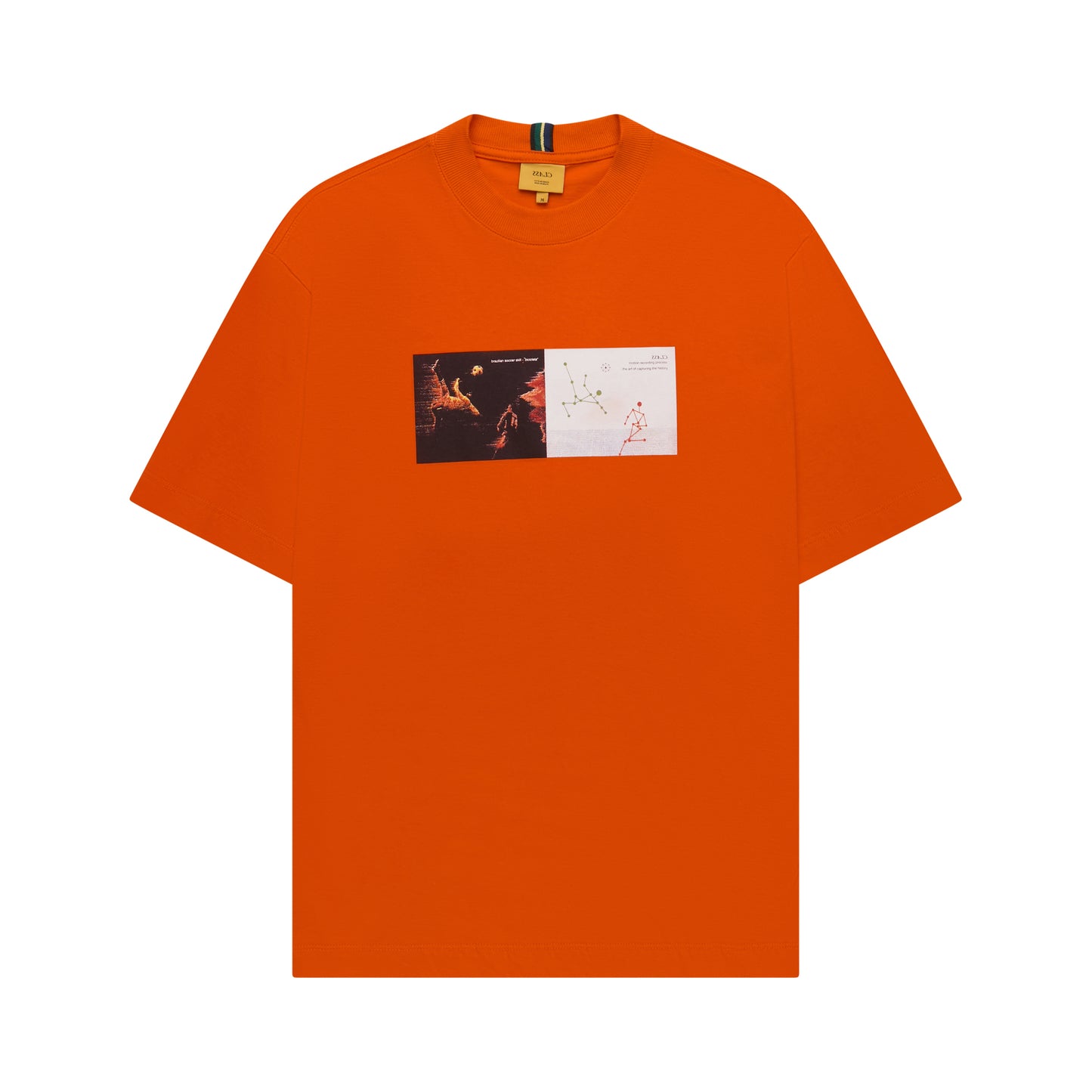 Camiseta laranja com estampa retangular 'BICICLETA' no peito