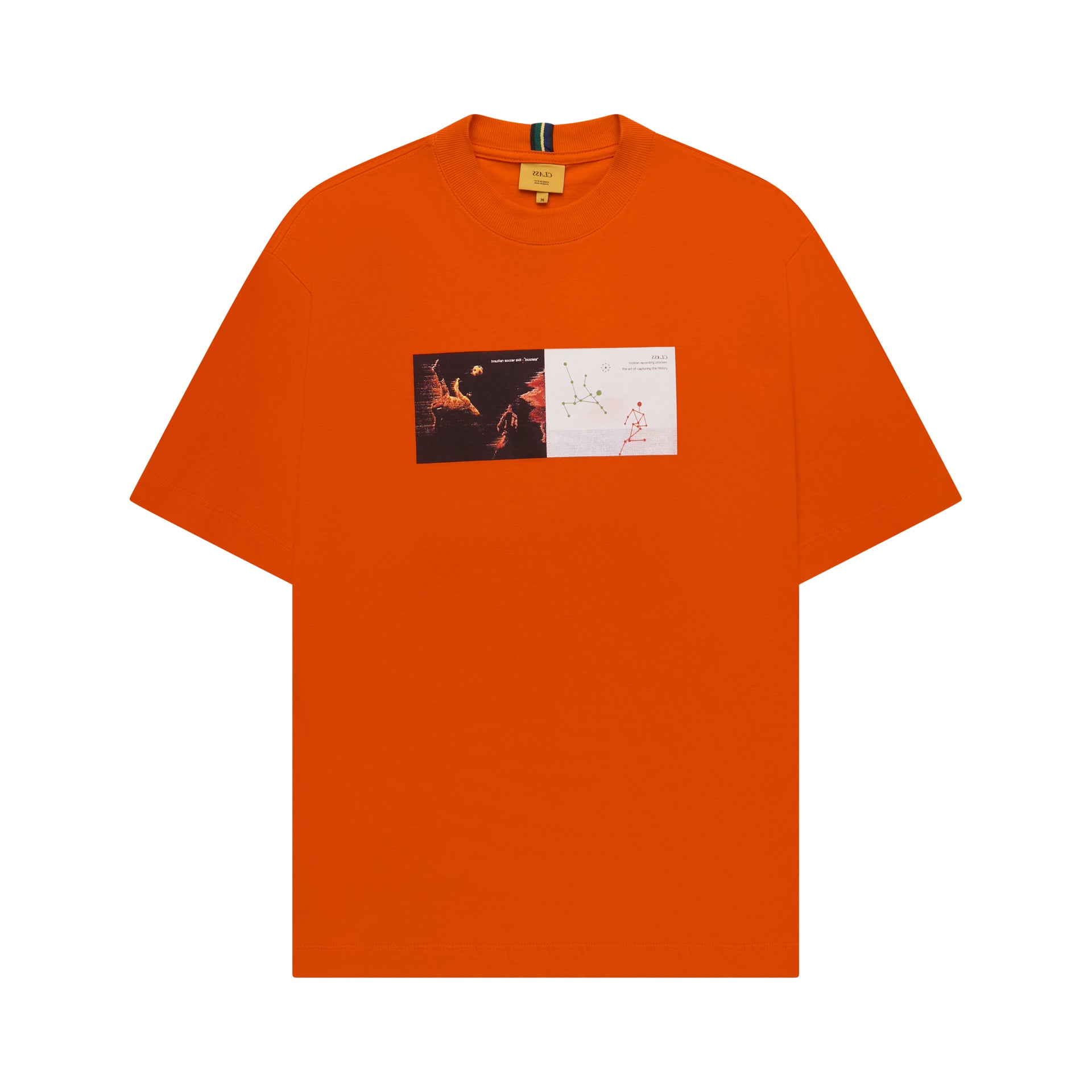Camiseta laranja com estampa retangular 'BICICLETA' no peito