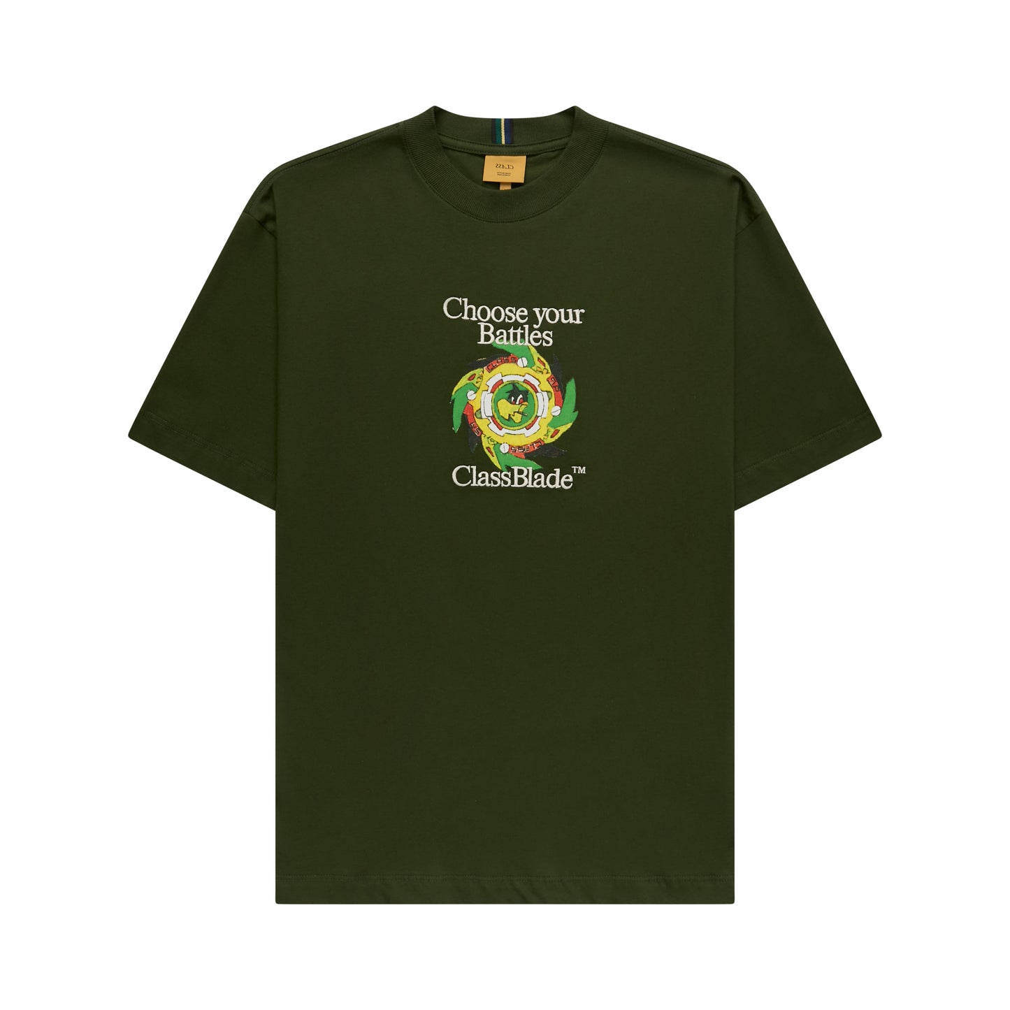 Camiseta verde com gola careca e estampa frontal colorida ClassBlade