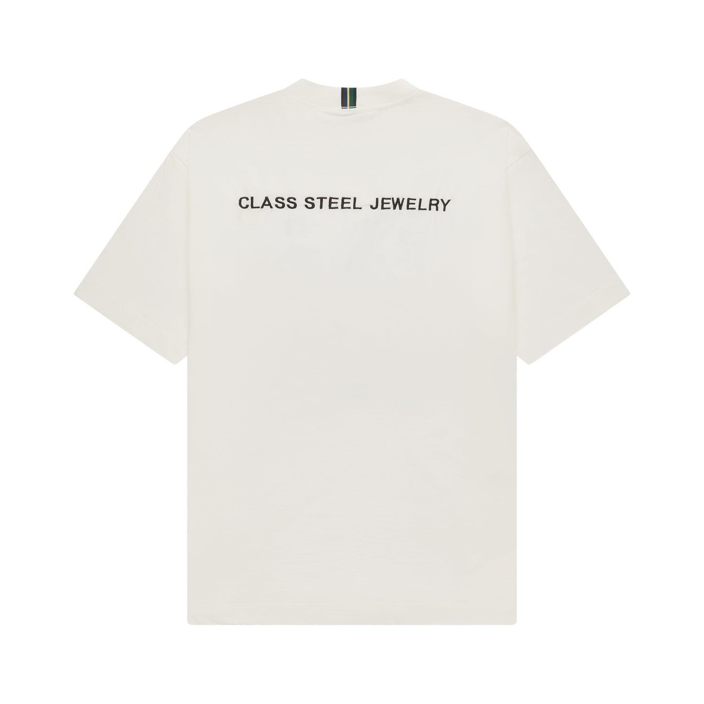 Camiseta off-white manga curta com estampa 'CLASS STEEL JEWELRY' nas costas.