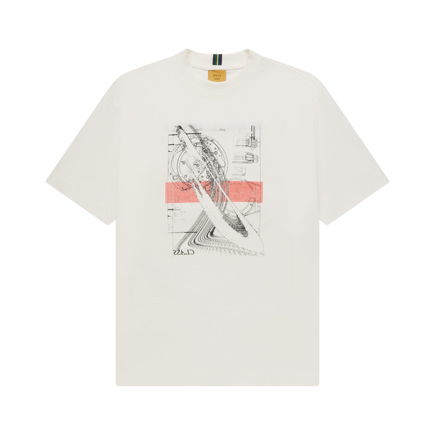 Camiseta off-white de manga curta com estampa frontal detalhada em cinza e vermelho.