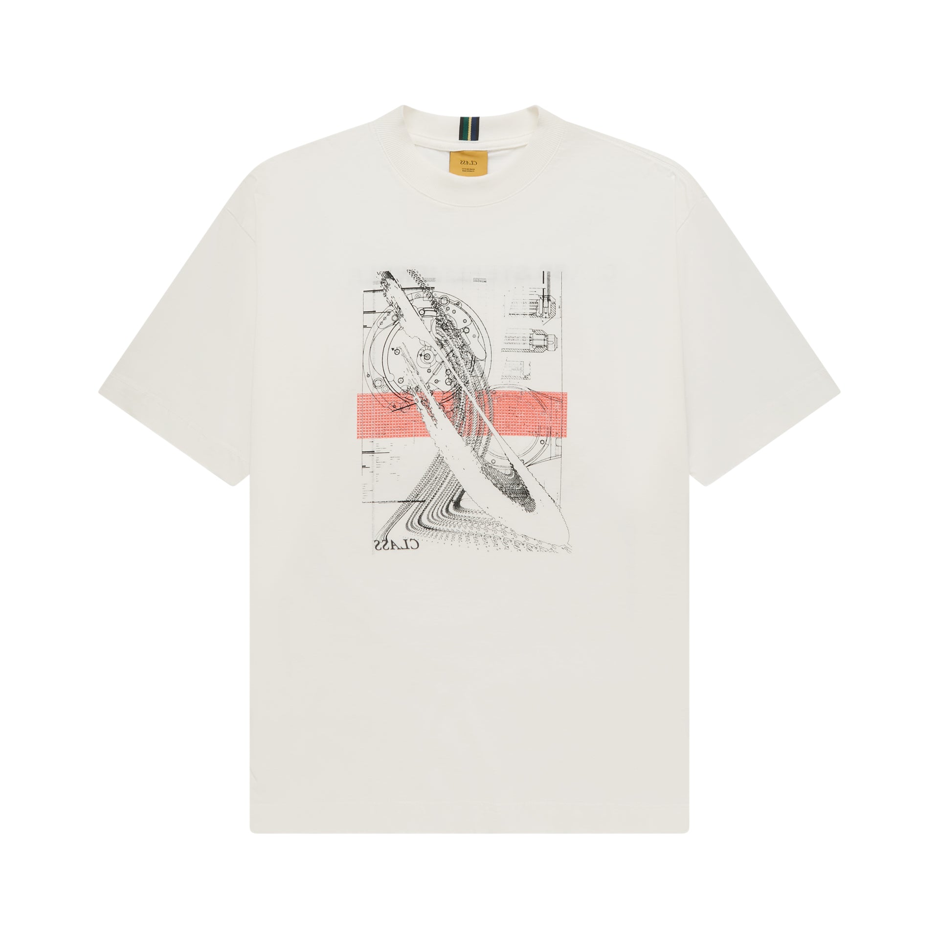 Camiseta off-white de manga curta com estampa frontal detalhada em cinza e vermelho.