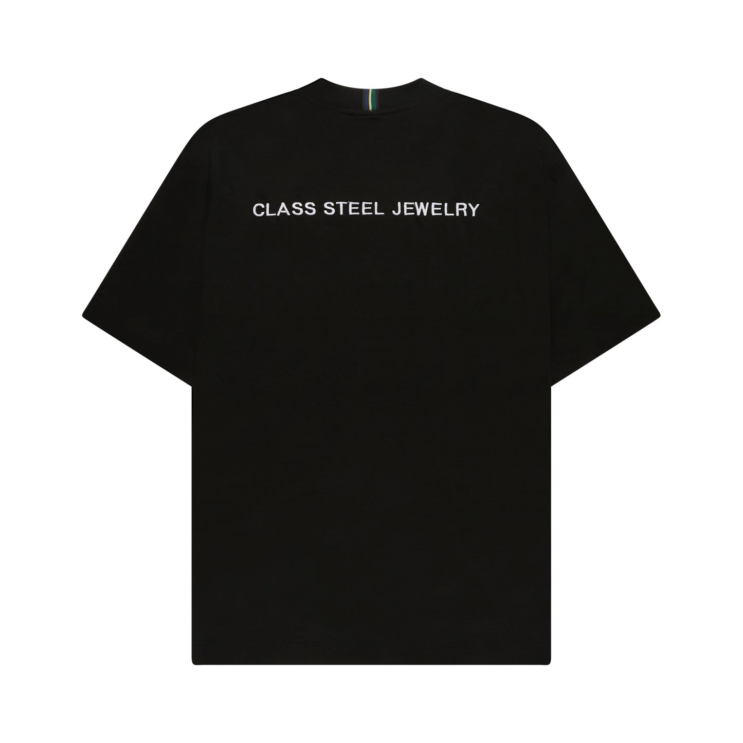 Camiseta preta com estampa frontal “CLASS STEEL JEWELRY”.