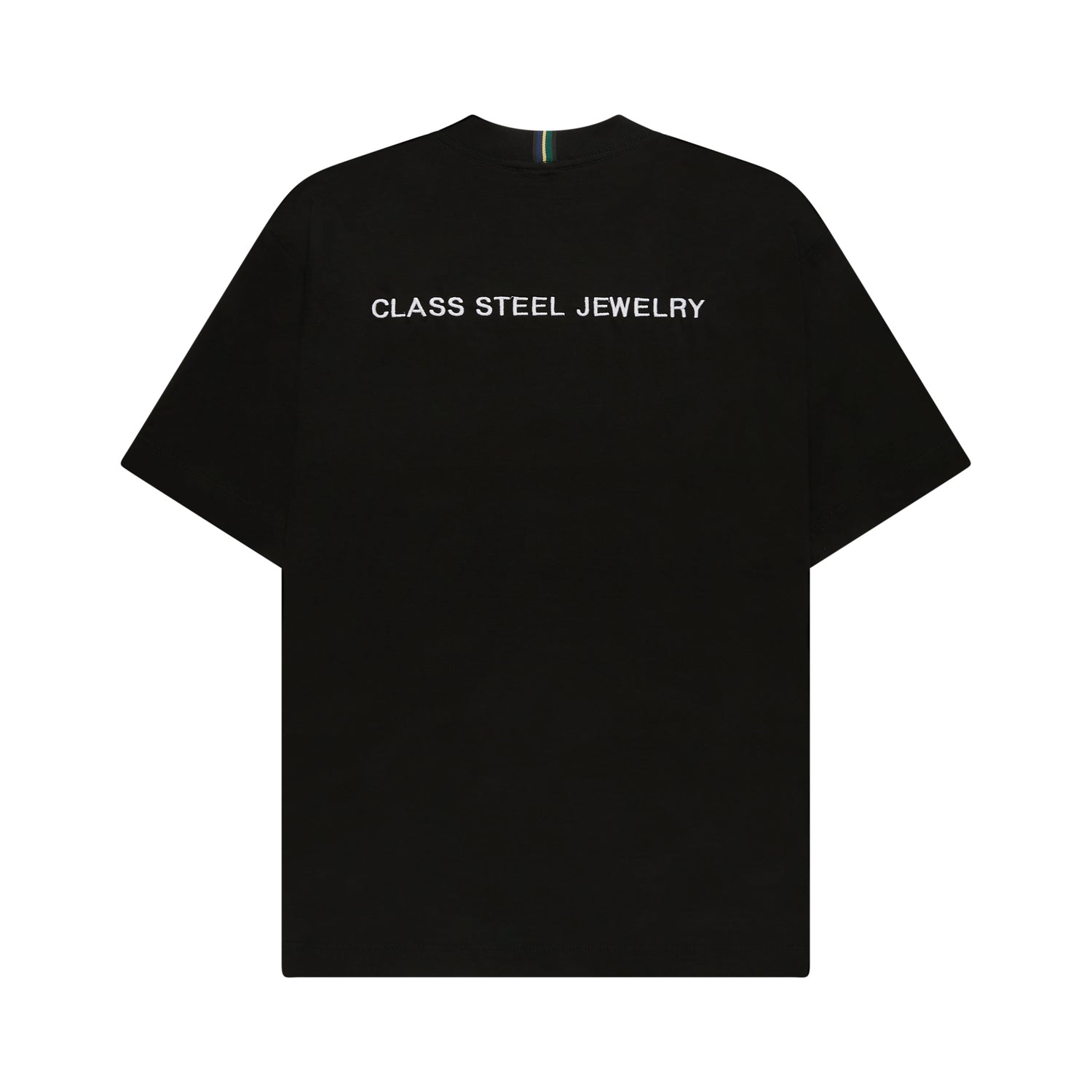 Camiseta preta com estampa frontal “CLASS STEEL JEWELRY”.