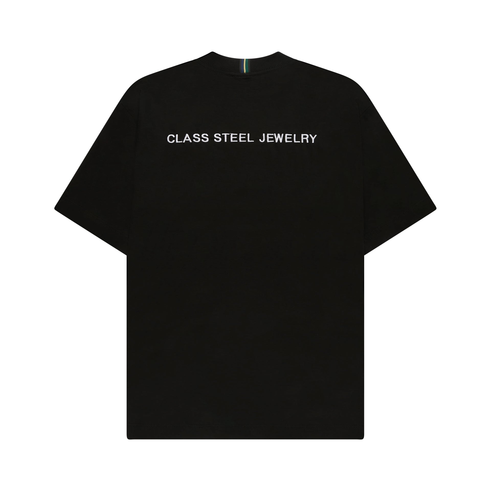 Camiseta preta com estampa frontal “CLASS STEEL JEWELRY”.