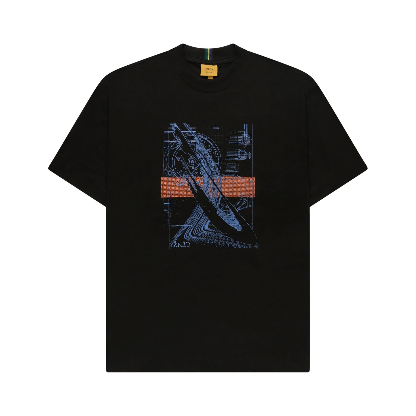 Camiseta preta com estampa frontal gráfica azul e laranja.
