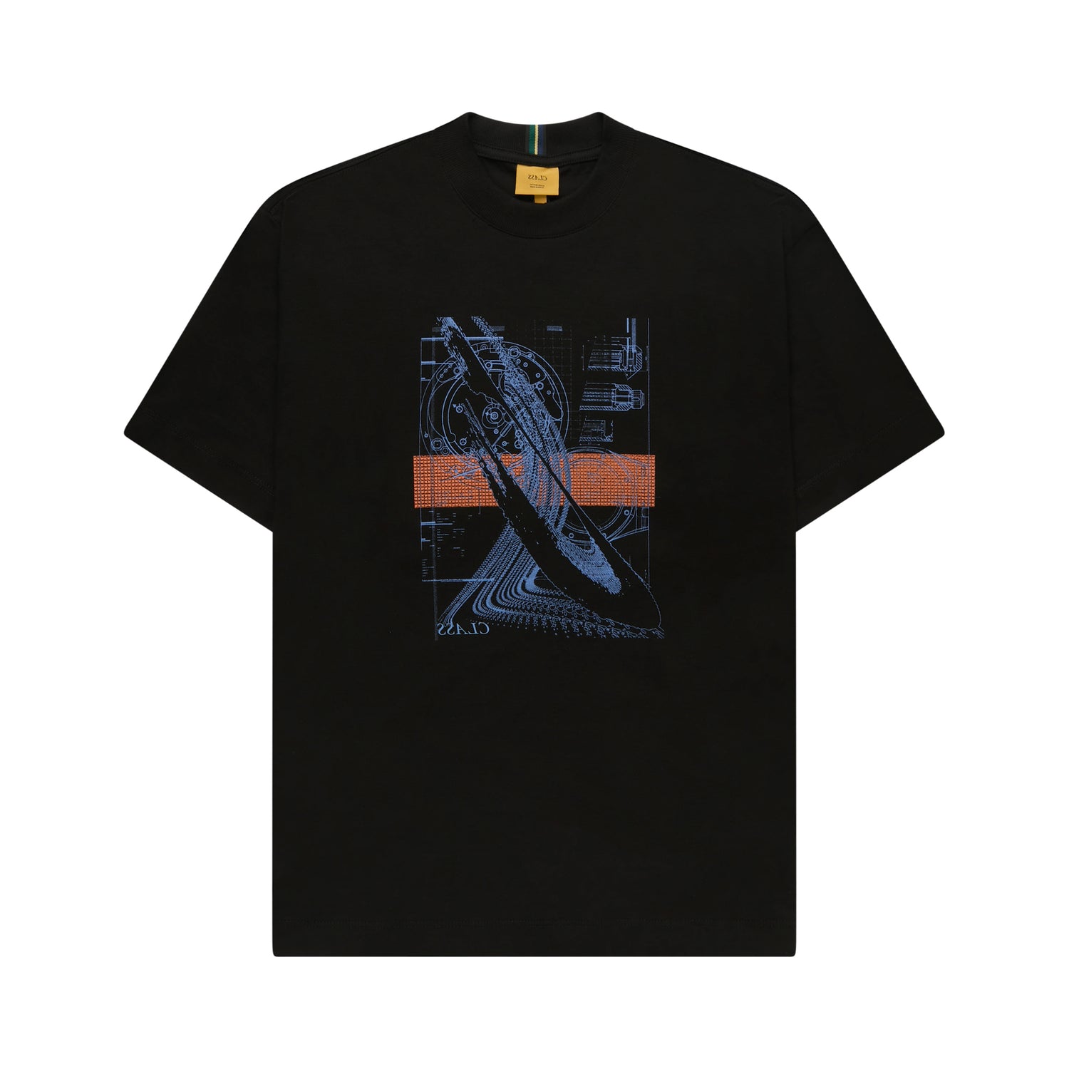 Camiseta preta com estampa frontal gráfica azul e laranja.