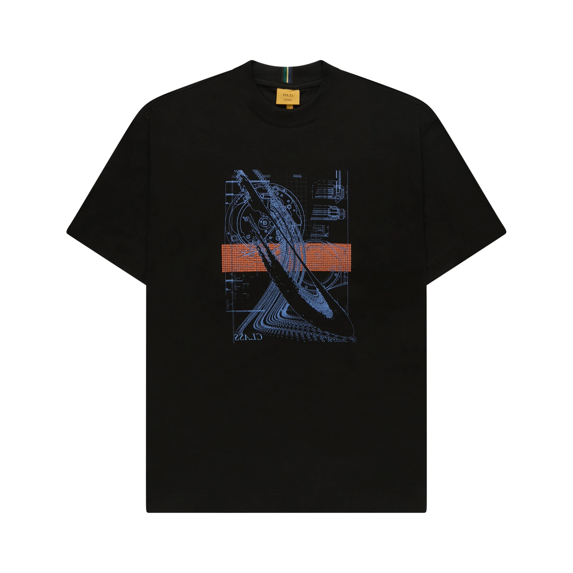 Camiseta preta com estampa frontal gráfica azul e laranja.