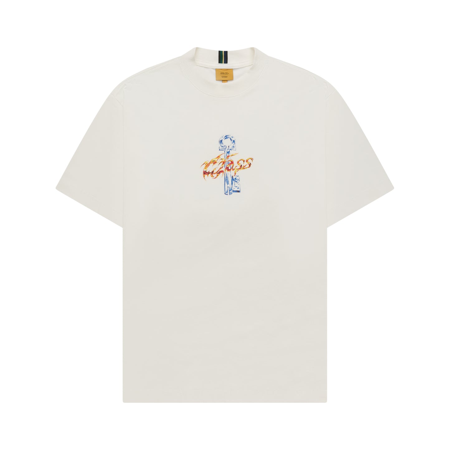 Camiseta off-white com estampa colorida centralizada no peito e gola canelada