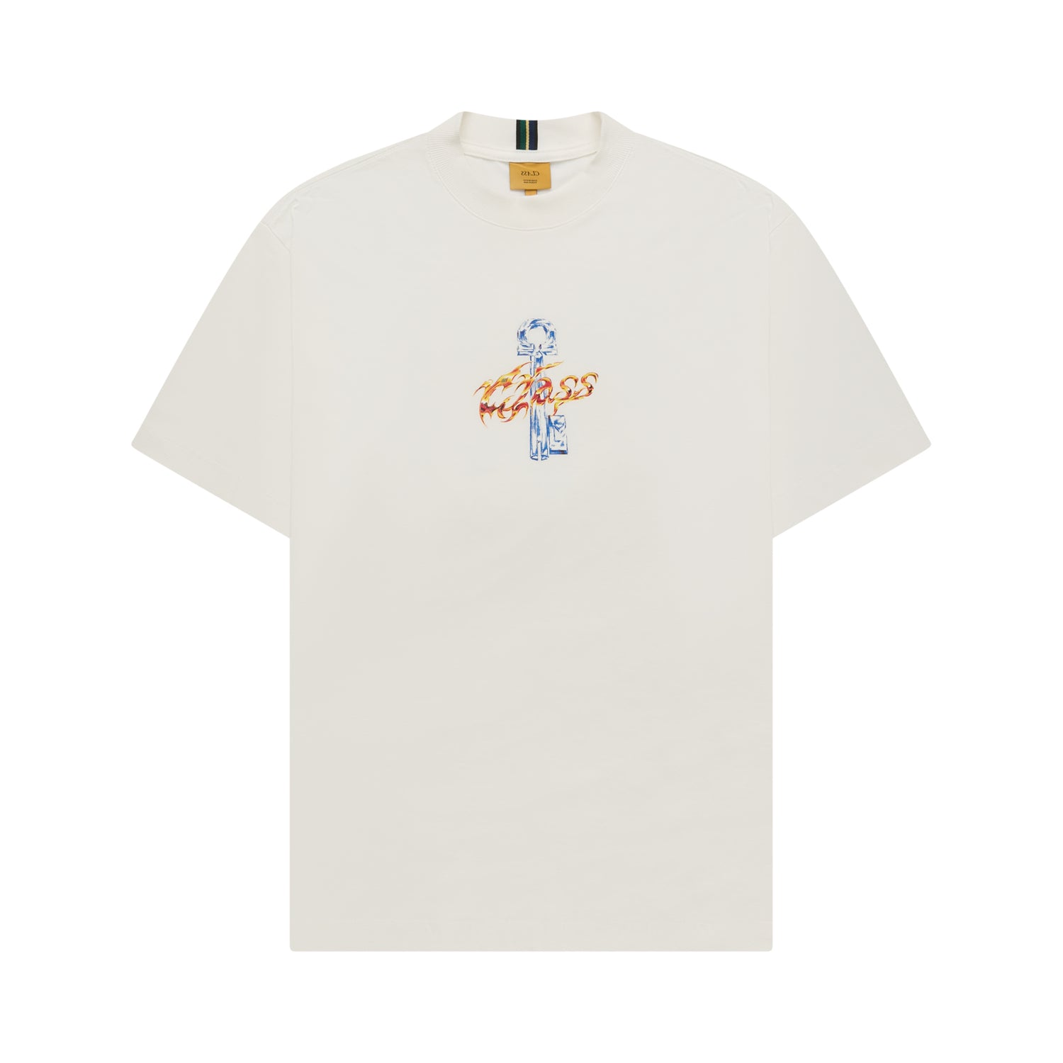 Camiseta off-white com estampa colorida centralizada no peito e gola canelada