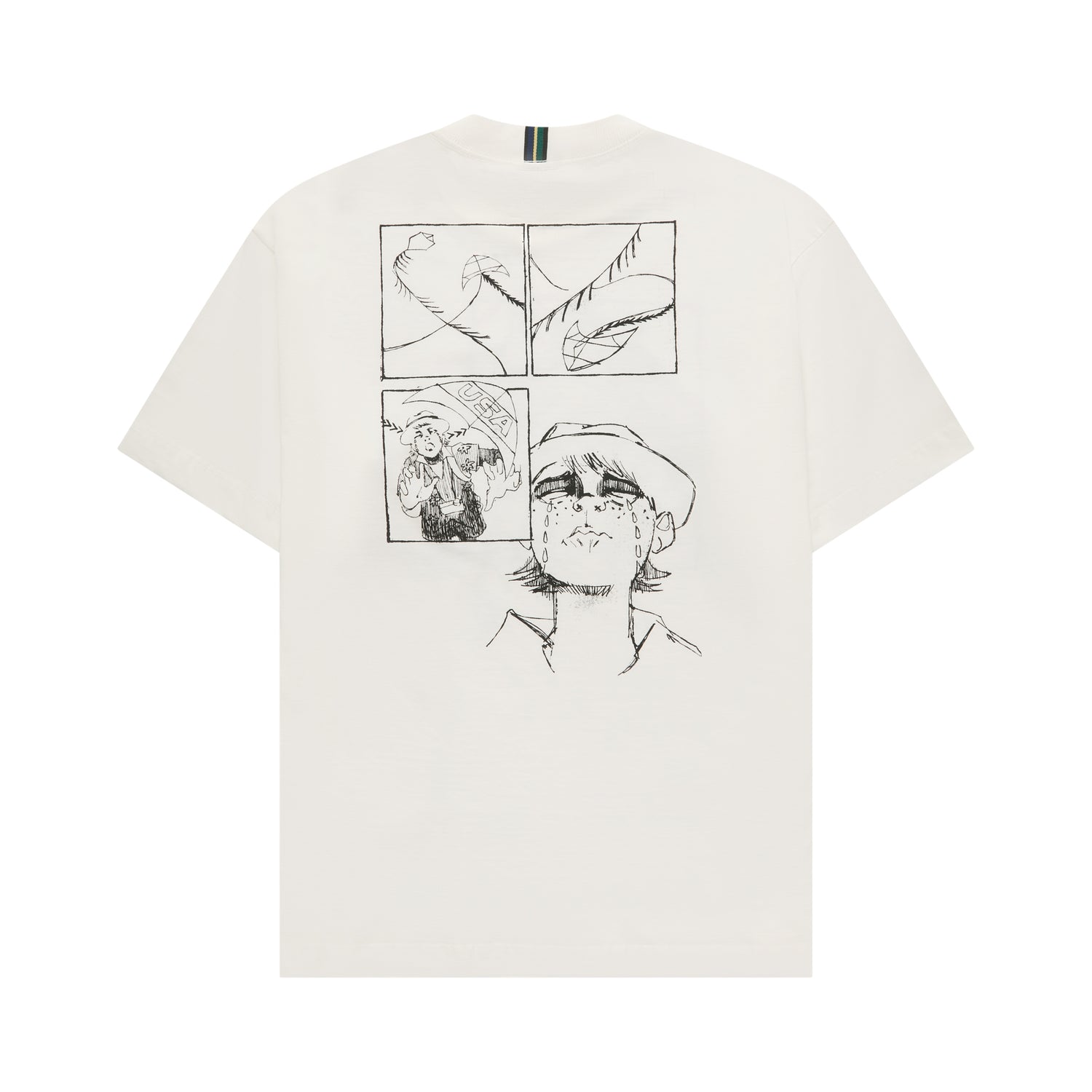 Camiseta off-white com estampa gráfica no verso, gola careca e etiqueta na nuca